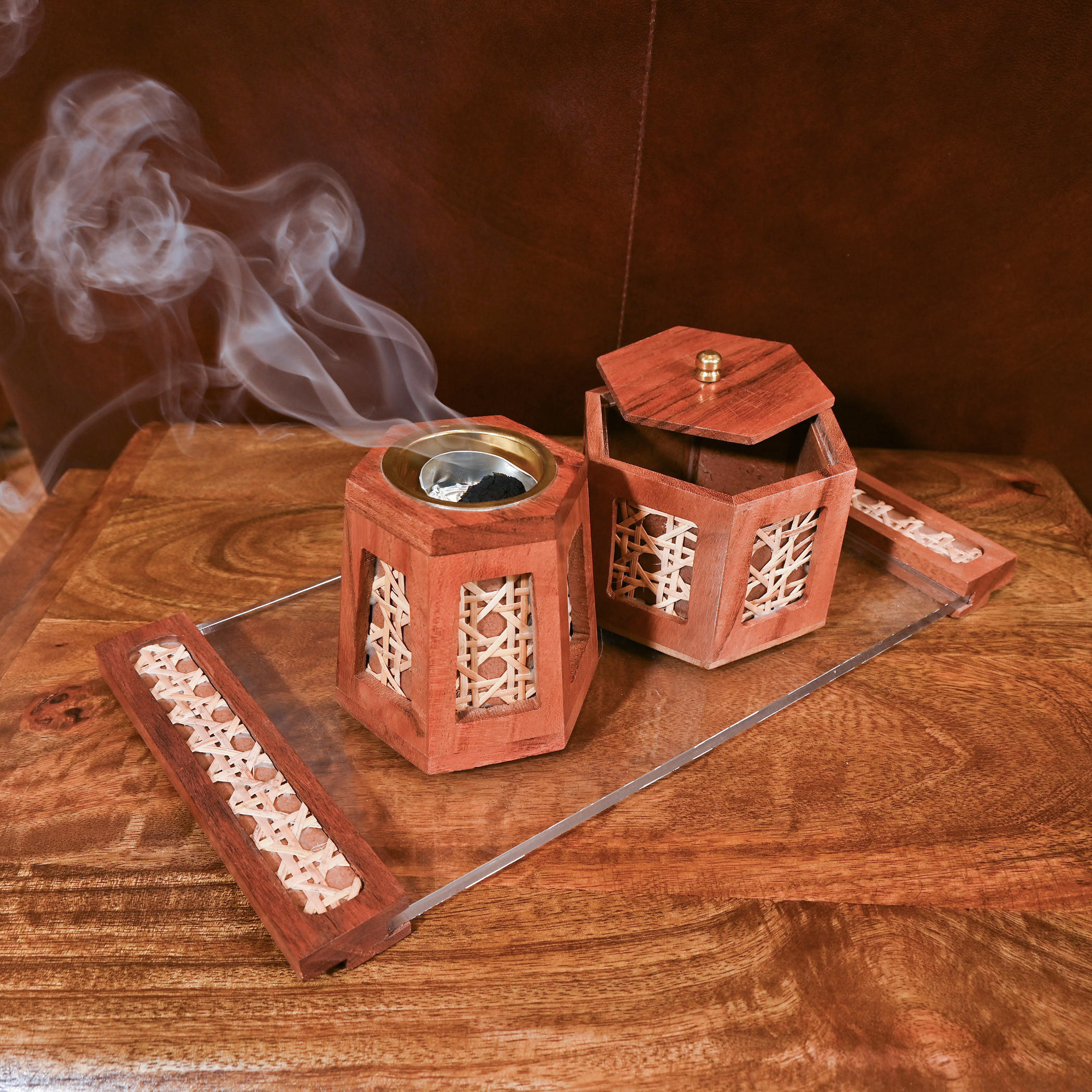 Home Carving Rattan Detail Wooden Bakhoor Burner Set with Tray-household-homefragrance-burners-image-3
