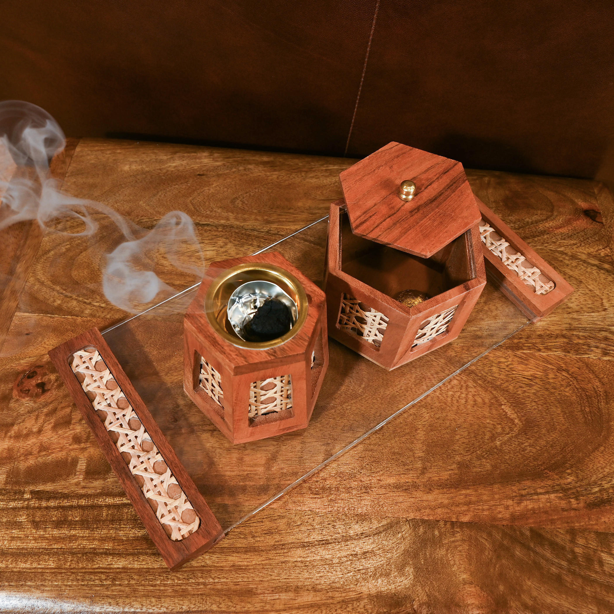 Home Carving Rattan Detail Wooden Bakhoor Burner Set with Tray-household-homefragrance-burners-image-4