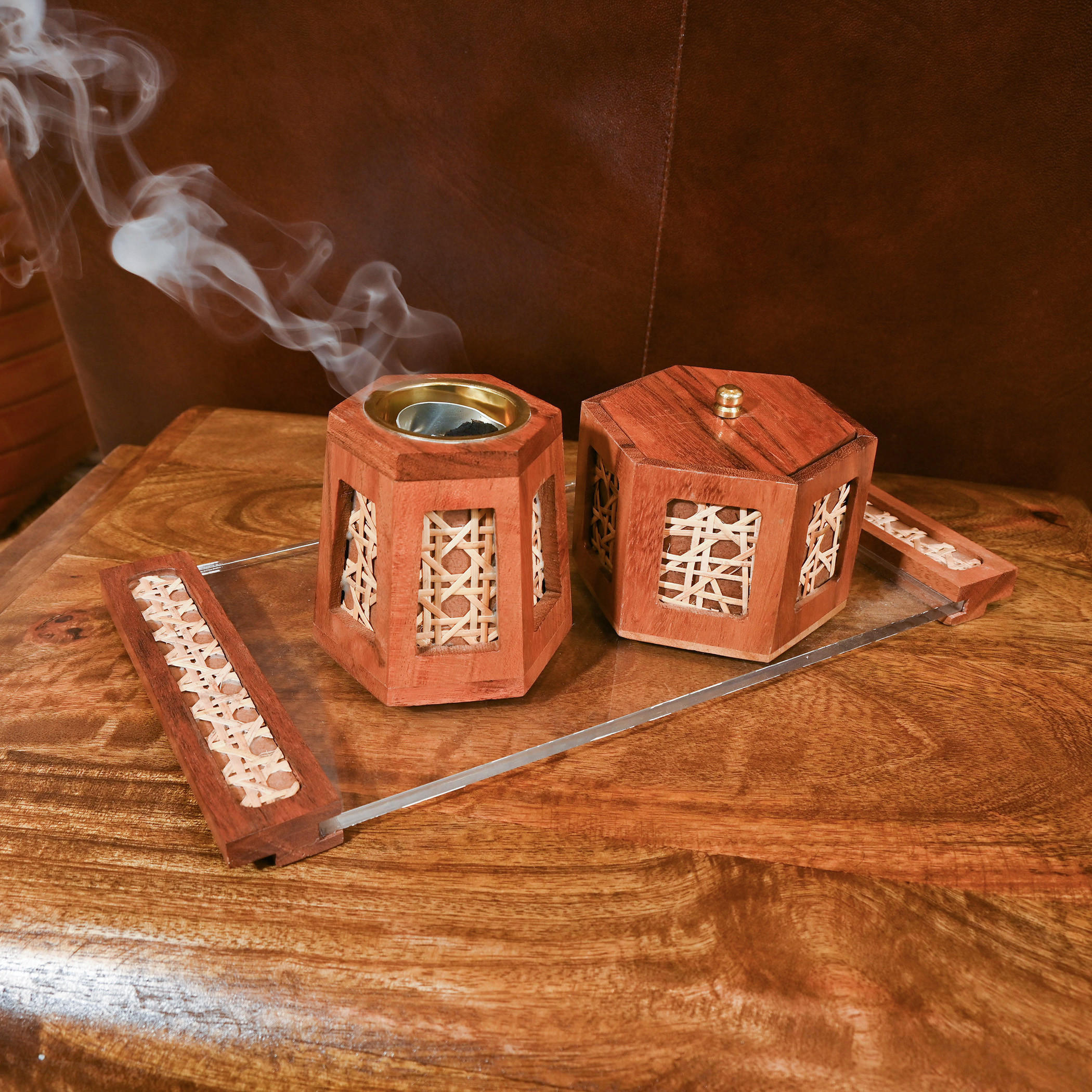 Home Carving Rattan Detail Wooden Bakhoor Burner Set with Tray-household-homefragrance-burners-image-5