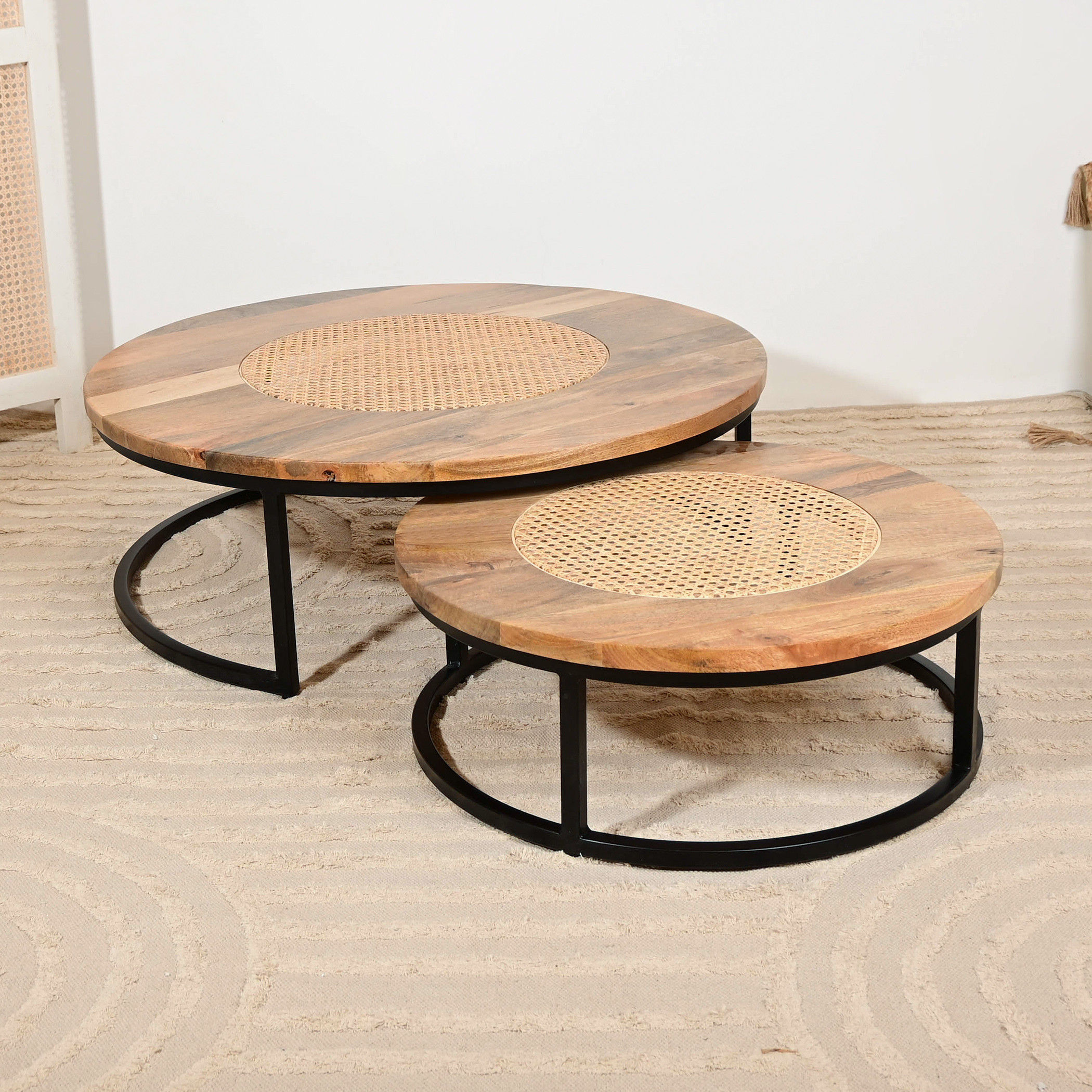 Home Carving Mango Wood Top Nesting Table with Trestle Base - Set of 2-furniture-livingroom-nestoftables-image-2