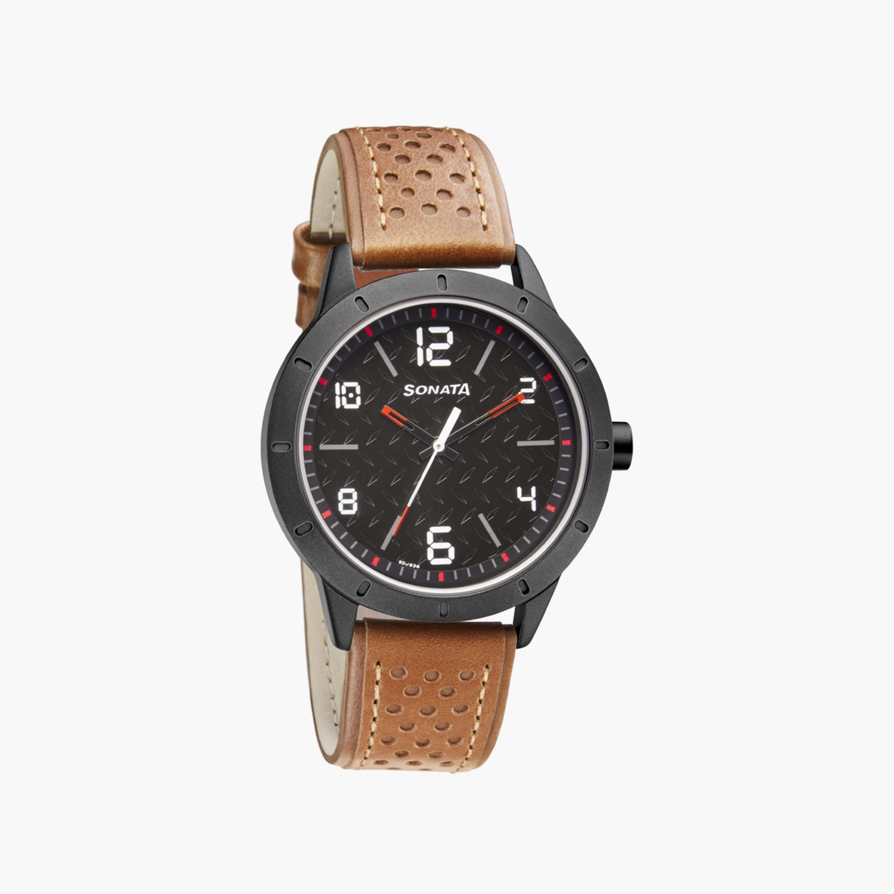 Sonata Men's Brown Analog Leather Strap Watch | 7137AL02 | 42 MM-men-watchesandjewellery-watches-image-1