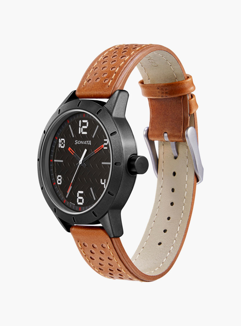 Sonata Men's Brown Analog Leather Strap Watch | 7137AL02 | 42 MM-men-watchesandjewellery-watches-image-2