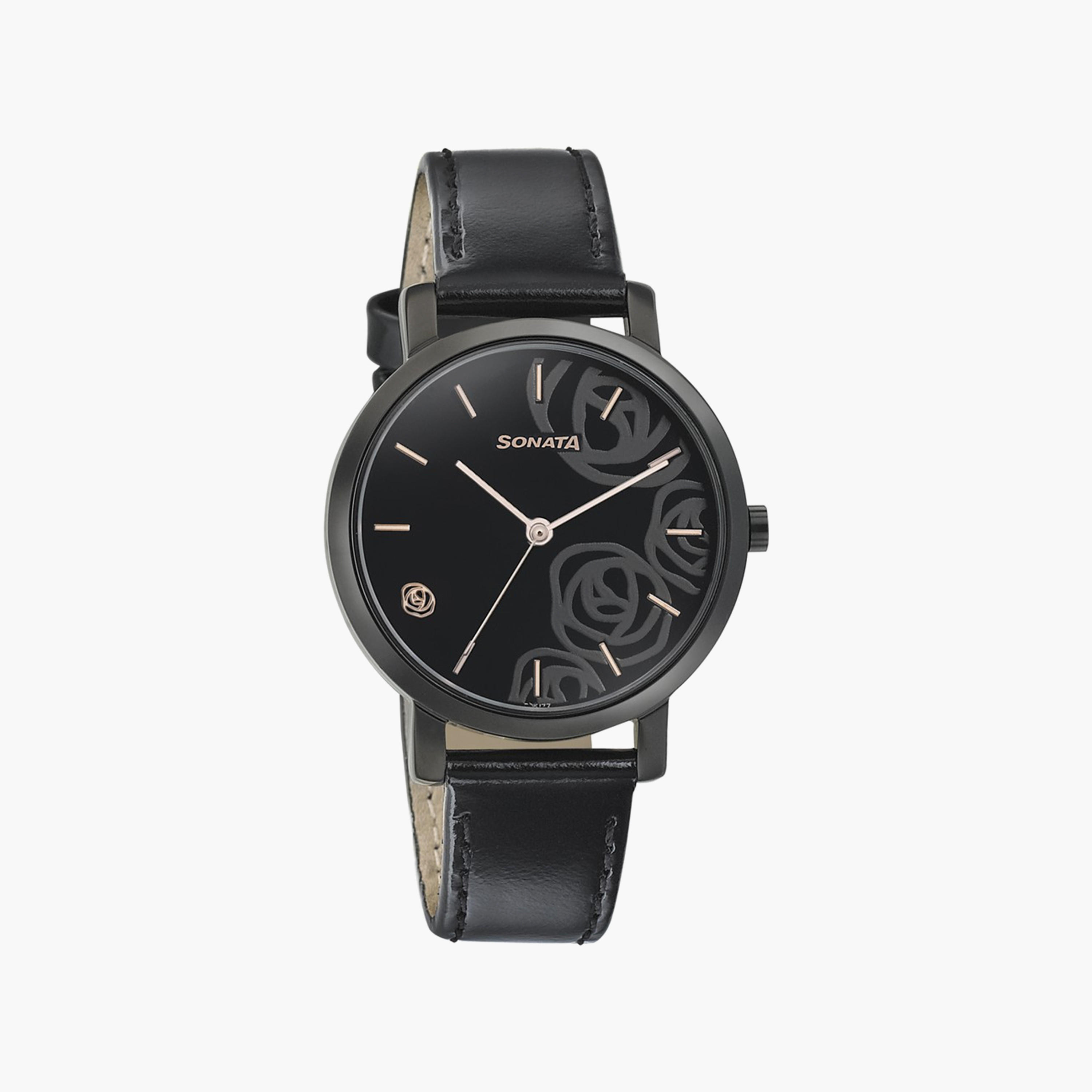 Sonata Women's Black Analog Leather Strap Watch | 8164NL02-women-watchesandjewellery-watches-image-1