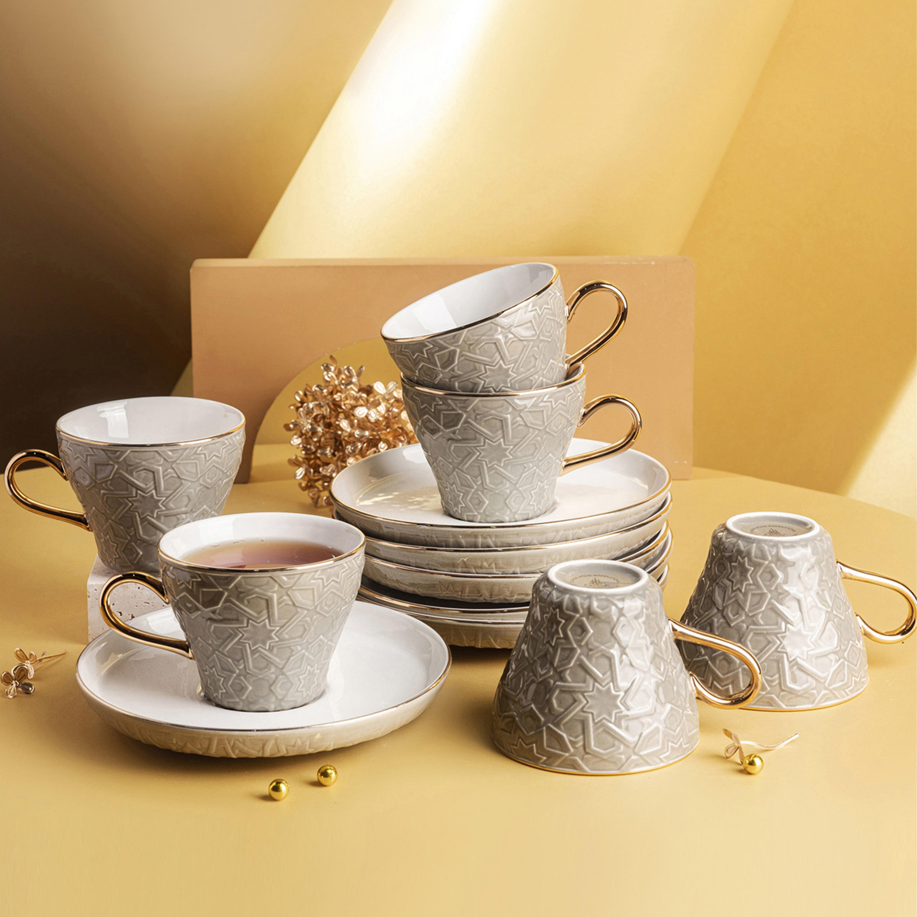 Otantik Crown Textured 12-Piece Porcelain Cup and Saucer Set-household-dining-teaandcoffee-teaandcoffeesets-image-1
