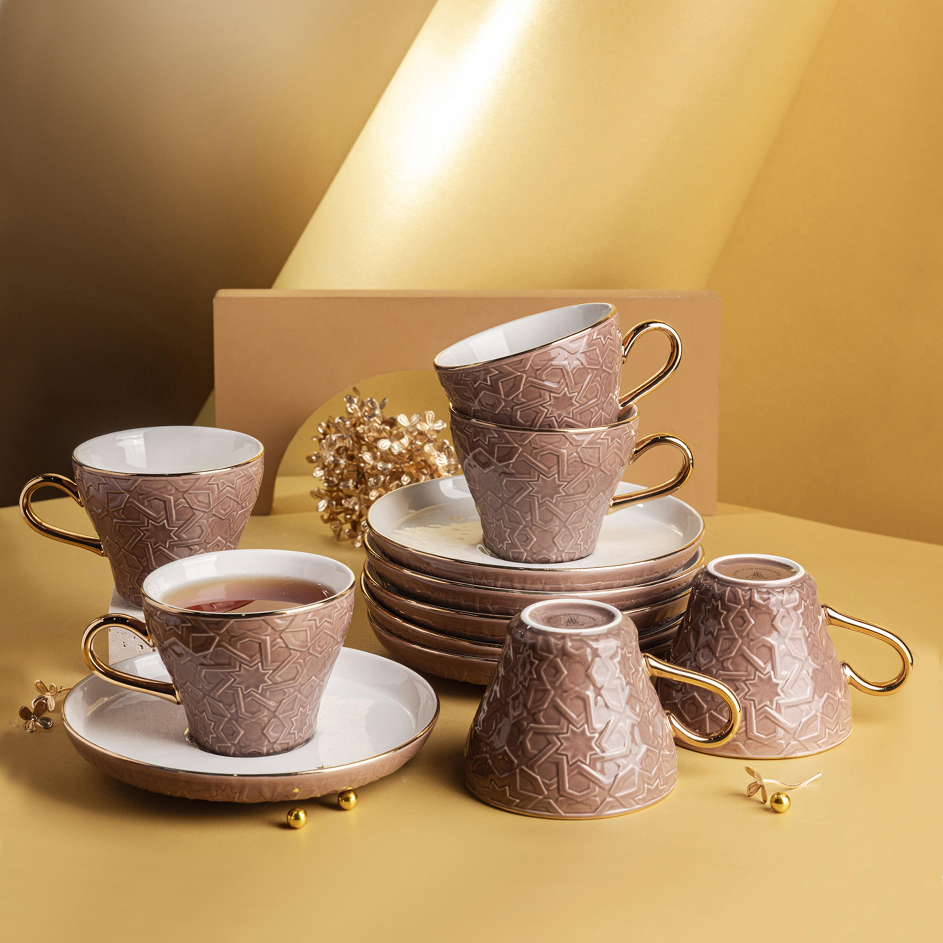Otantik Crown Textured 12-Piece Porcelain Cup and Saucer Set-household-dining-teaandcoffee-teaandcoffeesets-image-1