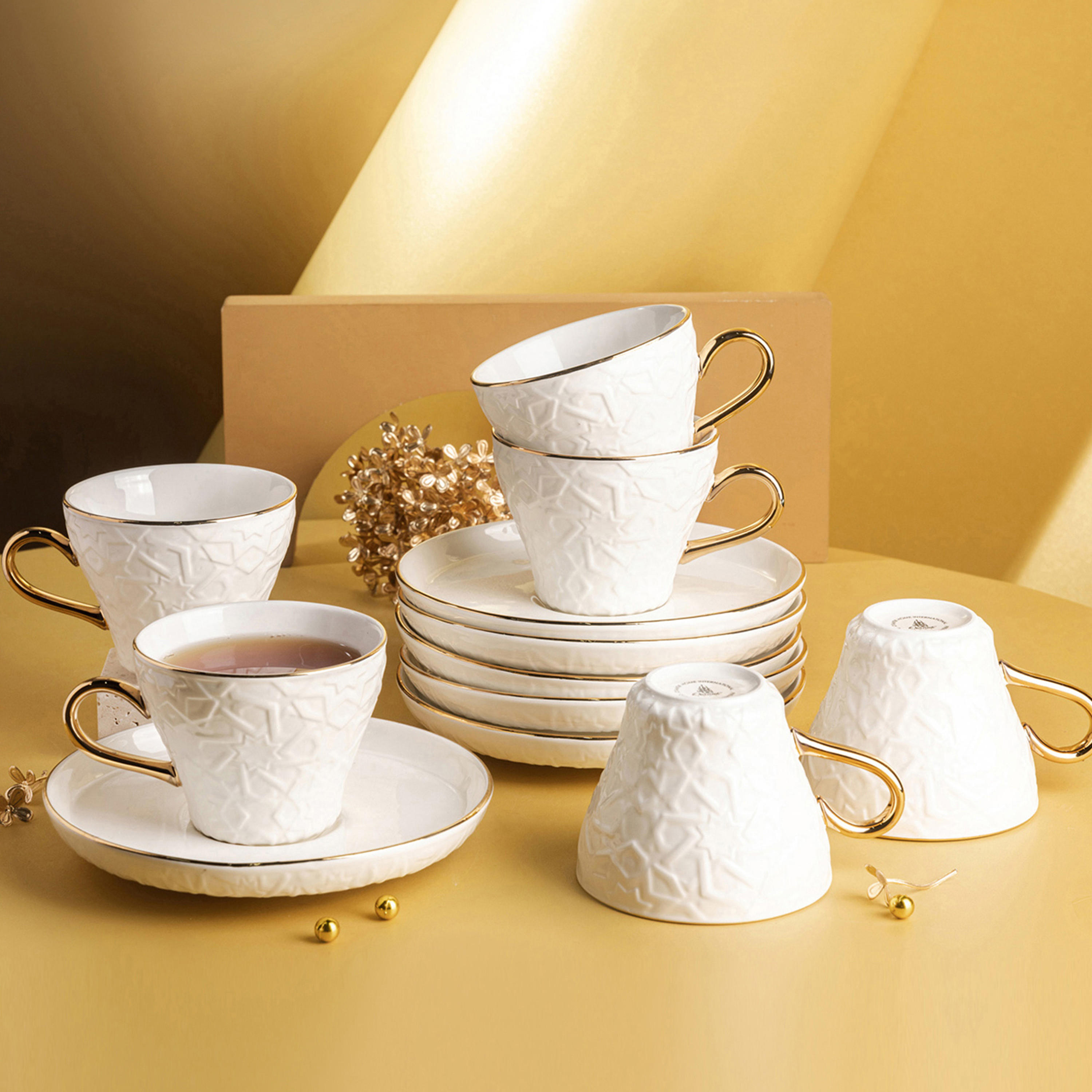 Otantik Crown Textured 12-Piece Porcelain Cup and Saucer Set-household-dining-teaandcoffee-teaandcoffeesets-image-1