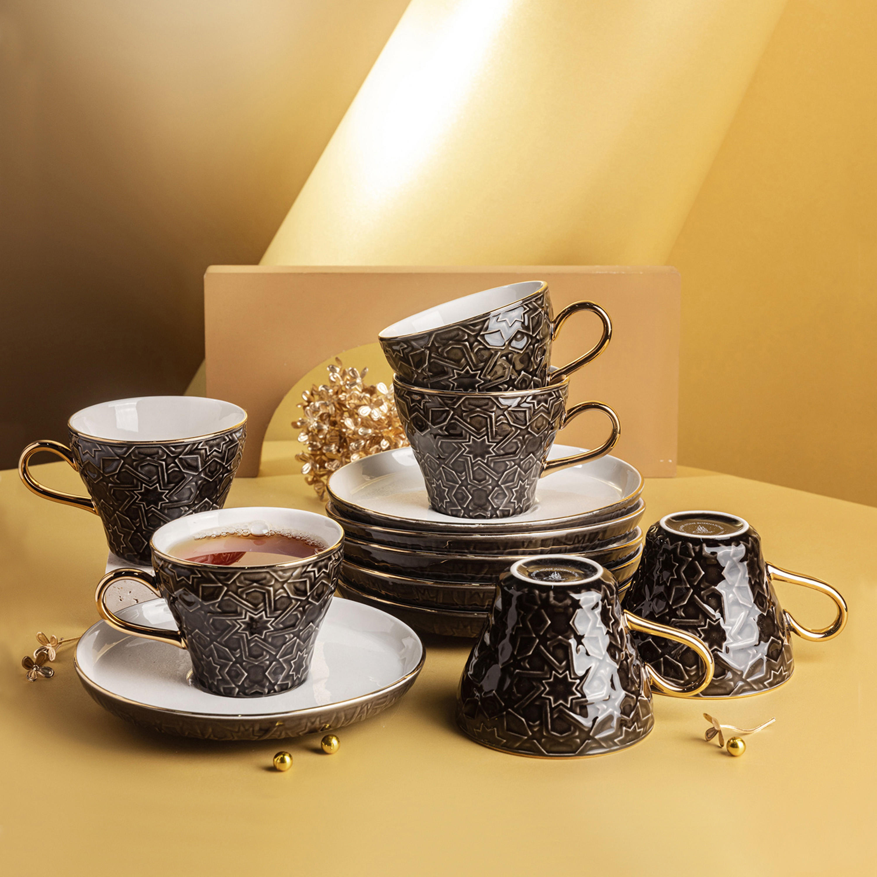 Otantik Crown Textured 12-Piece Porcelain Cup and Saucer Set-household-dining-teaandcoffee-teaandcoffeesets-image-1