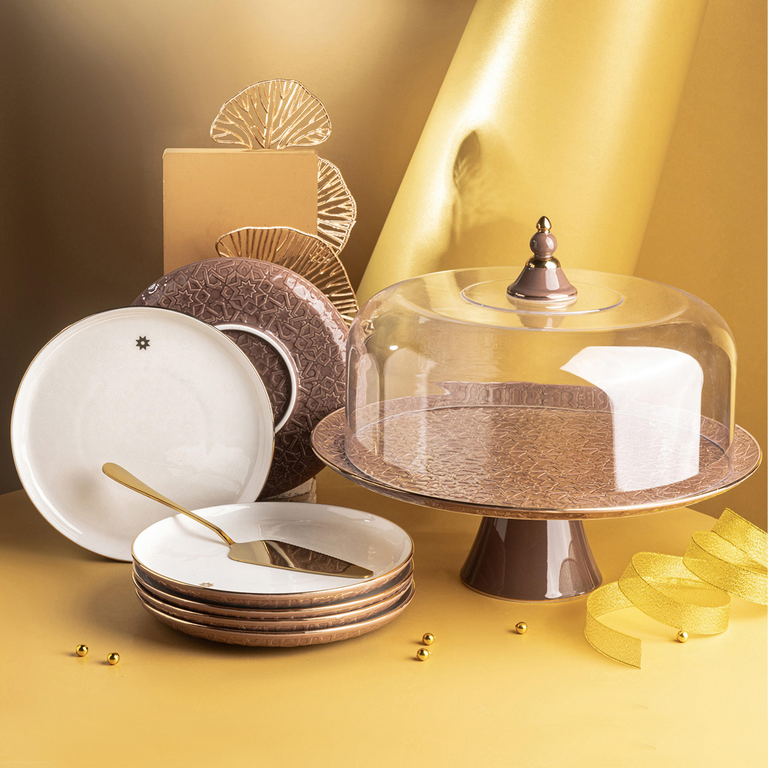 Otantik Crown Textured 8-Piece Porcelain Cake Set-household-dining-serveware-cakestands-image-1