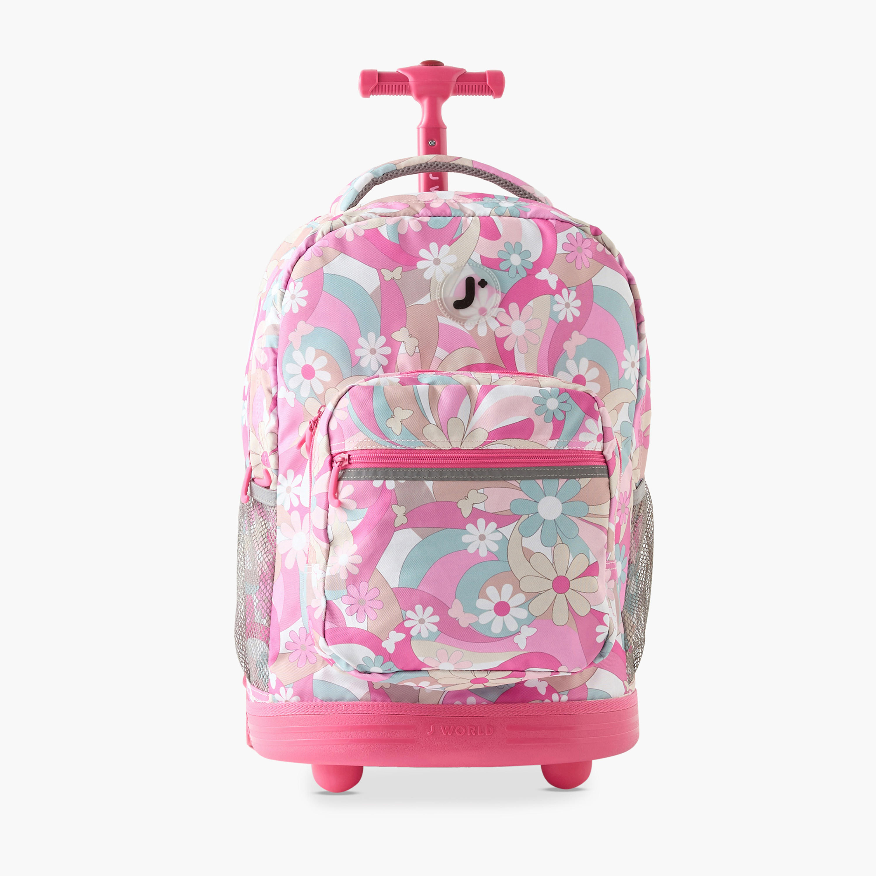 شنطة ظهر ترولي 18 بوصة بطبعات زهرية ومقبض قابل للسحب من جي وورلد - 21x32x46 سم-school-bagsandbackpacks-trolleybags-image-1