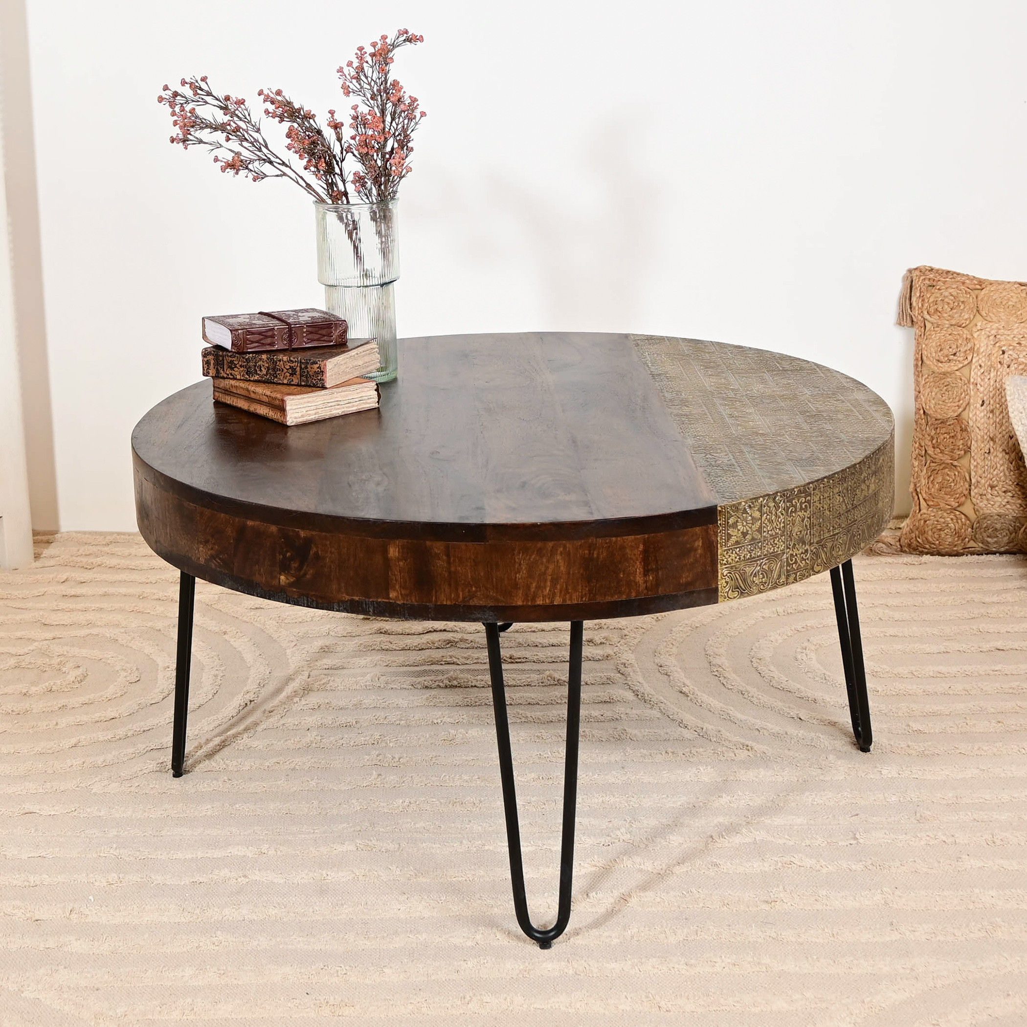 Home Carving Wooden Top Coffee Table with Metal Detail - 46x90x46 cms-furniture-livingroom-sideandendtables-image-1