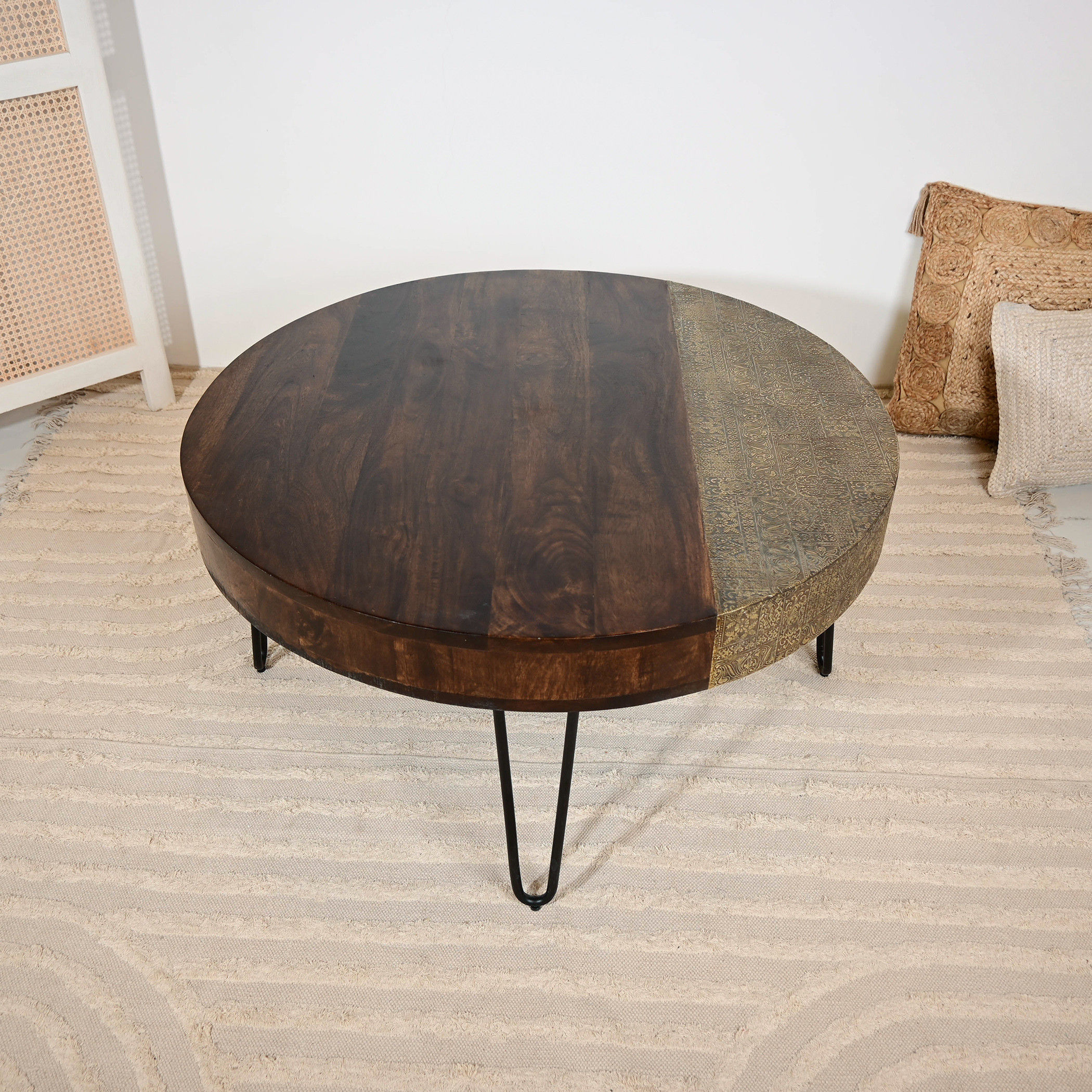 Home Carving Wooden Top Coffee Table with Metal Detail - 46x90x46 cms-furniture-livingroom-sideandendtables-image-3