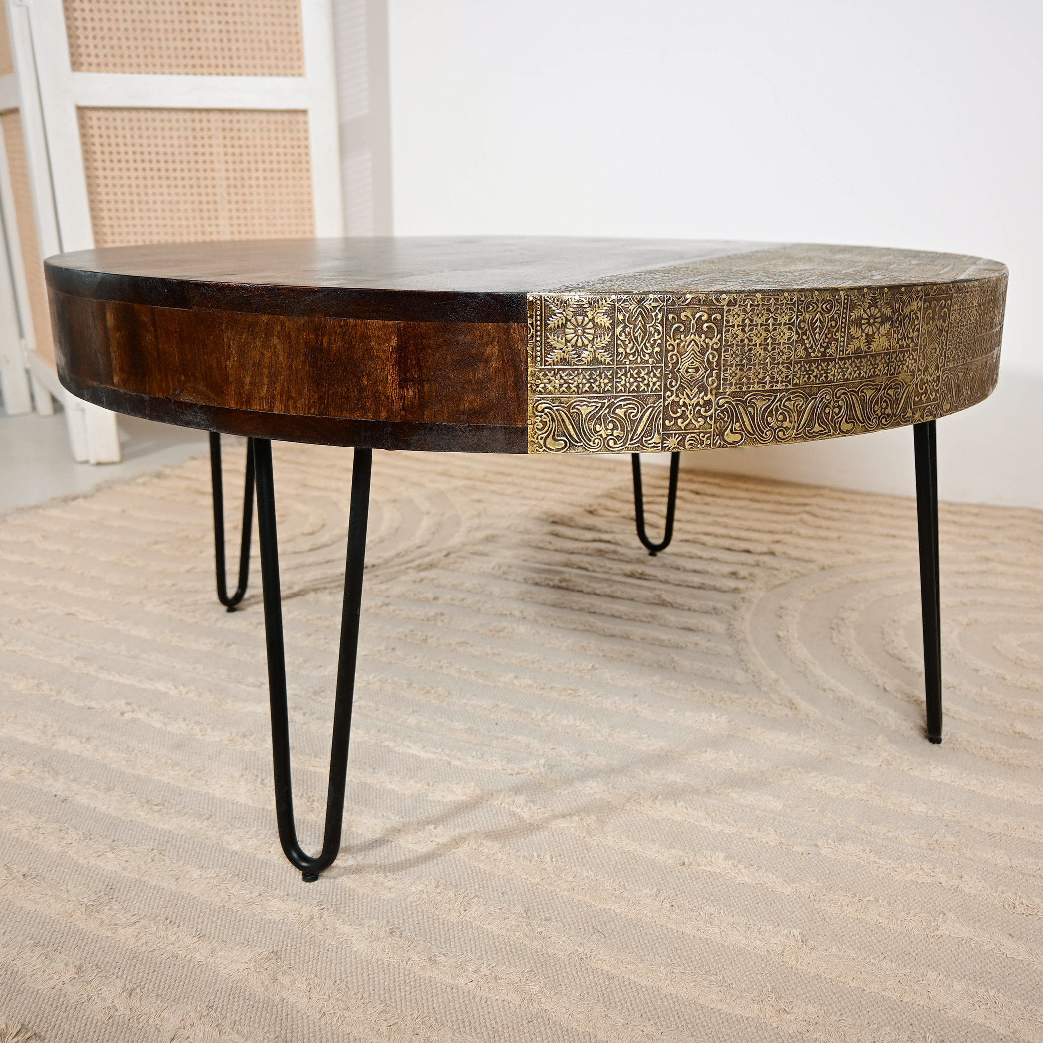 Home Carving Wooden Top Coffee Table with Metal Detail - 46x90x46 cms-furniture-livingroom-sideandendtables-image-4