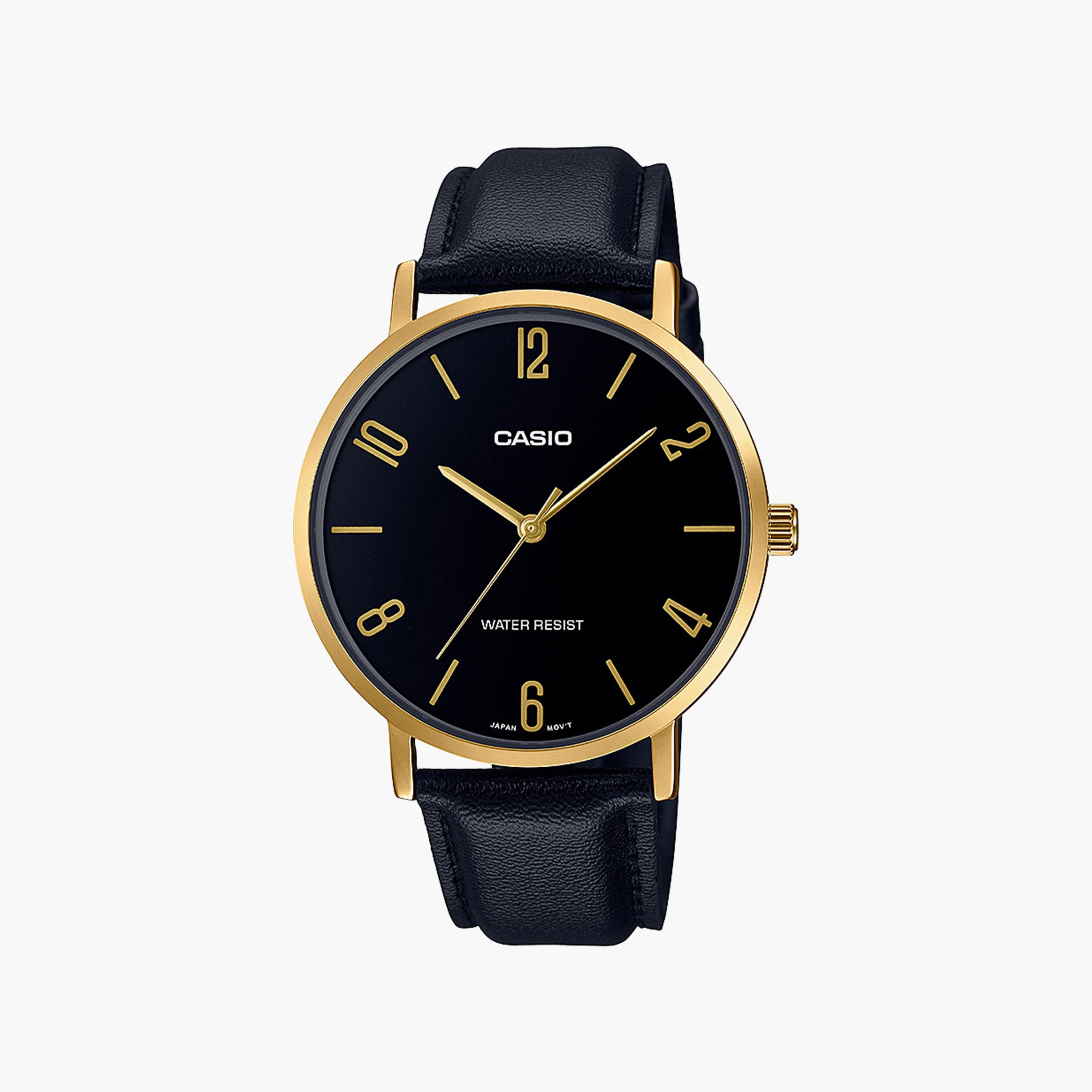 Casio Men's Black Analog Leather Strap Watch | MTP-VT01GL-1B2UDF-men-watchesandjewellery-watches-image-1