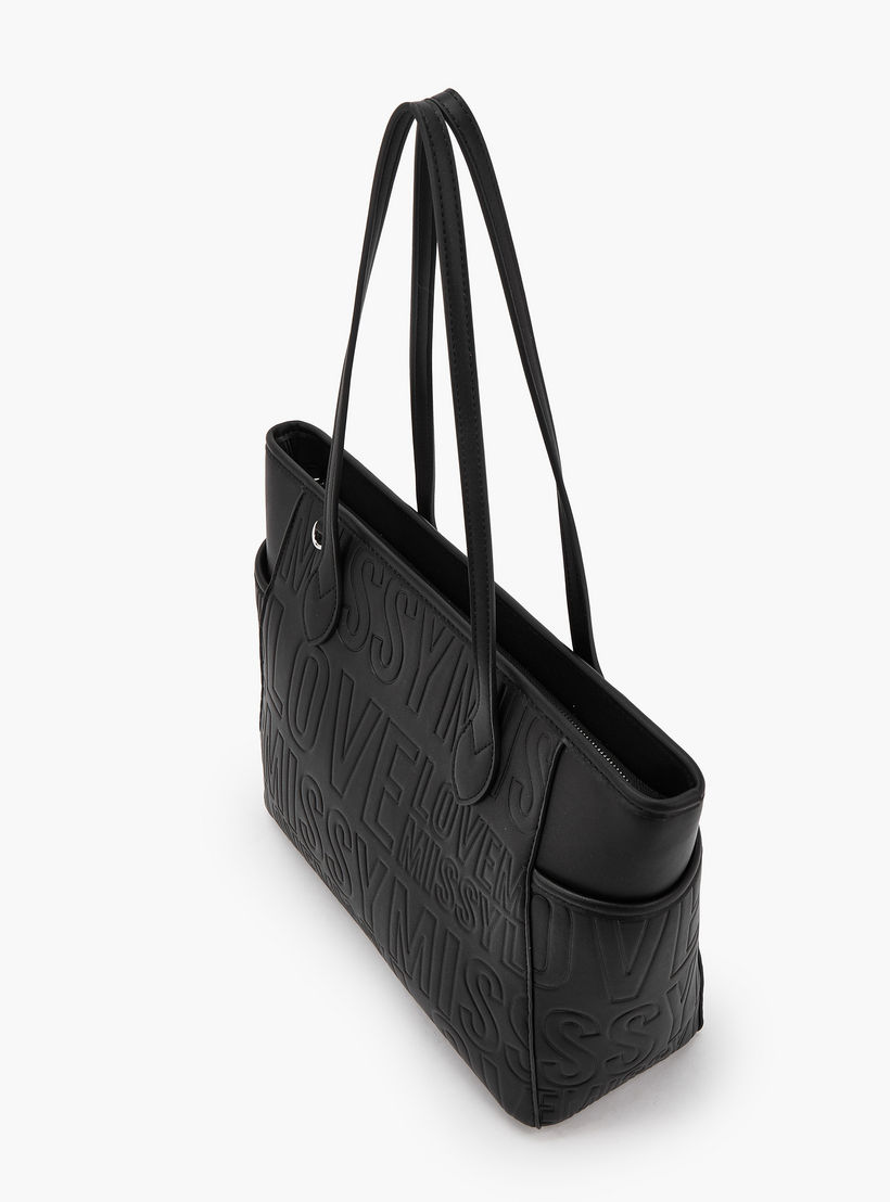 Missy Slogan Textured Tote Bag with Zip Closure and Pouch-women-bagsandwallets-handbags-image-3