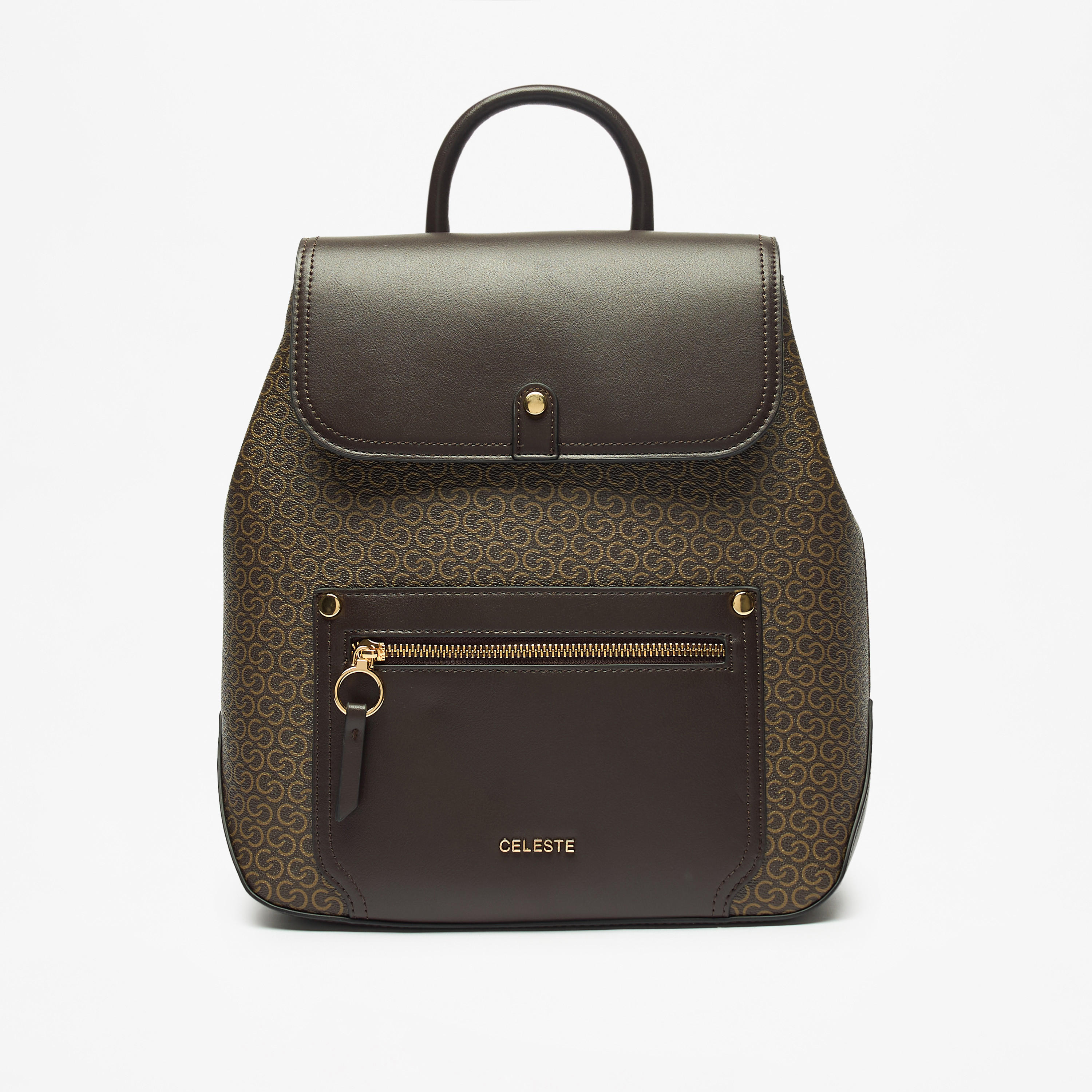 Celeste Monogram Print Backpack with Adjustable Strap and Button Closure - 31x31x12 cm-women-bagsandwallets-backpacks-image-1