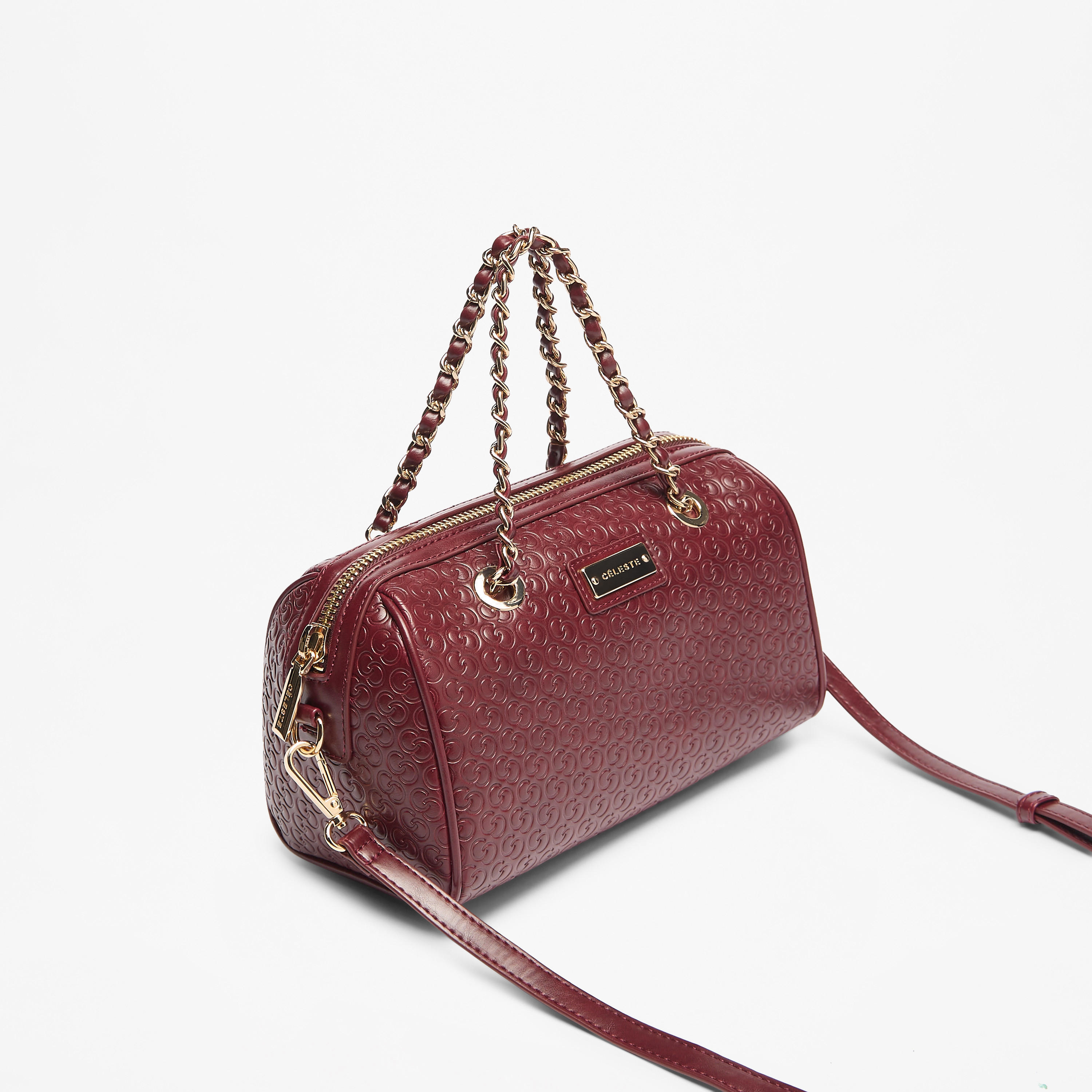 Celeste Monogram Embossed Bowler Bag with Double Handle and Zip Closure-women-bagsandwallets-handbags-image-2