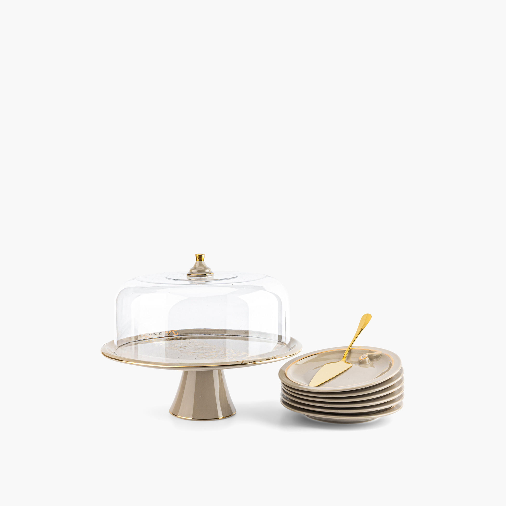 Otantik Nour 8-Piece Porcelain Cake Serving Set with Acrylic Cover-household-dining-serveware-cakestands-image-2
