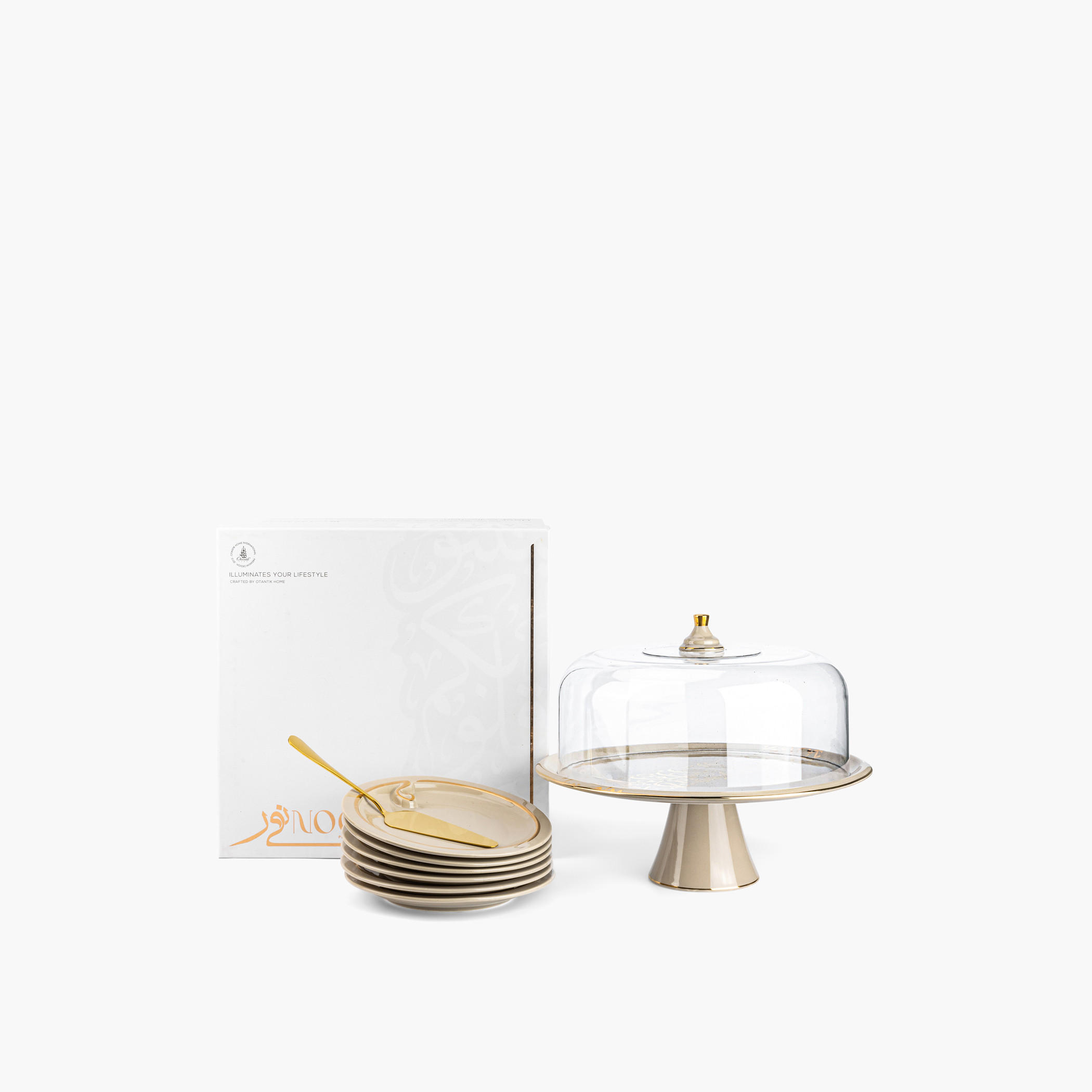 Otantik Nour 8-Piece Porcelain Cake Serving Set with Acrylic Cover-household-dining-serveware-cakestands-image-3