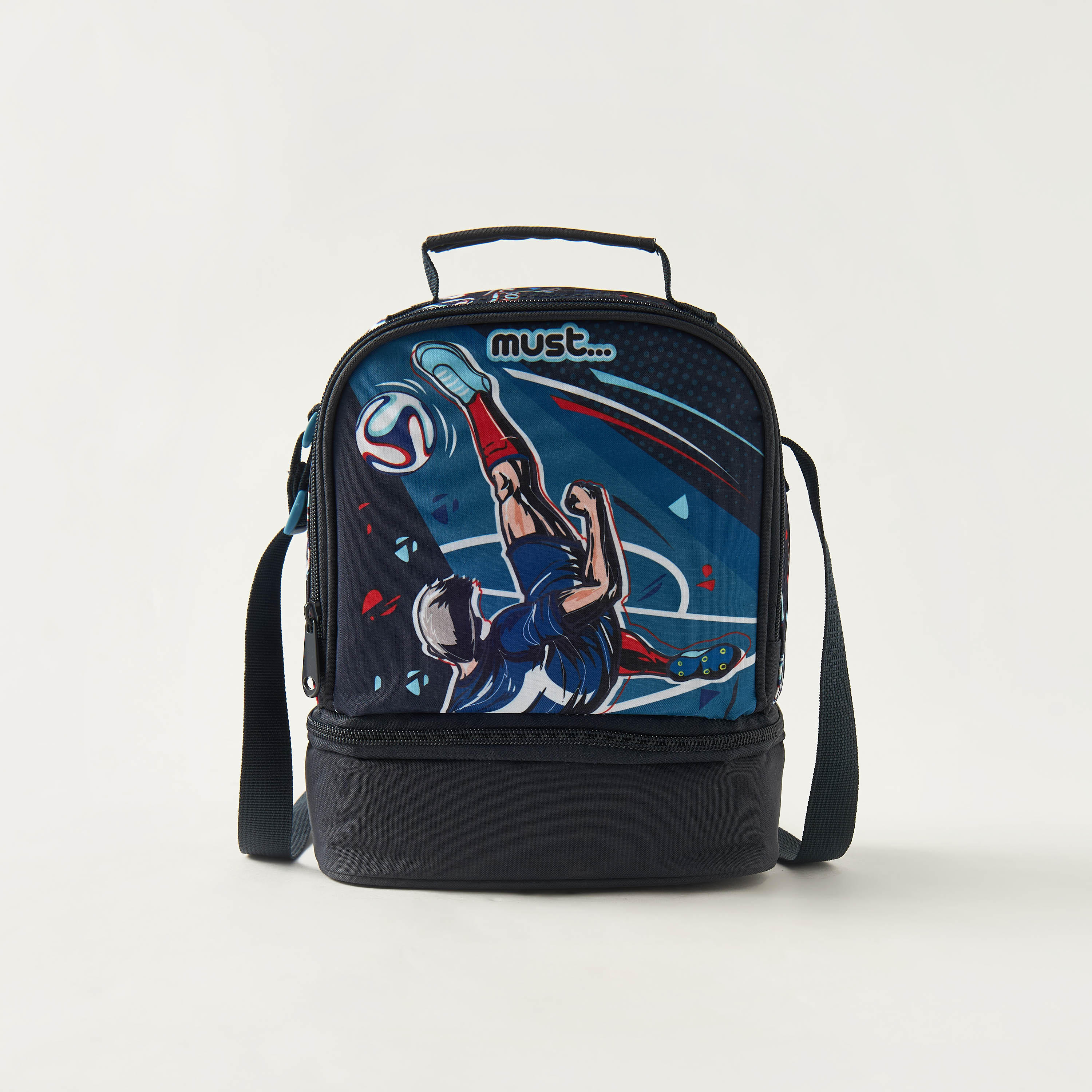 شنطة غداء قسمين بحزام قابل للتعديل وطبعات كرة قدم من ماست-school-lunchessentials-lunchbags-image-1