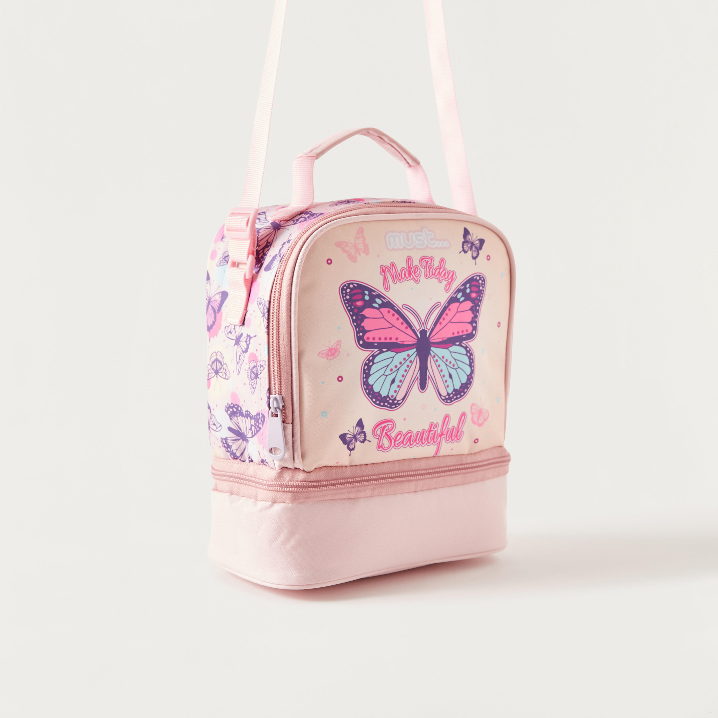 Must Butterfly Print Lunch Bag with Adjustable Strap and Top Handle-school-lunchessentials-lunchbags-image-2