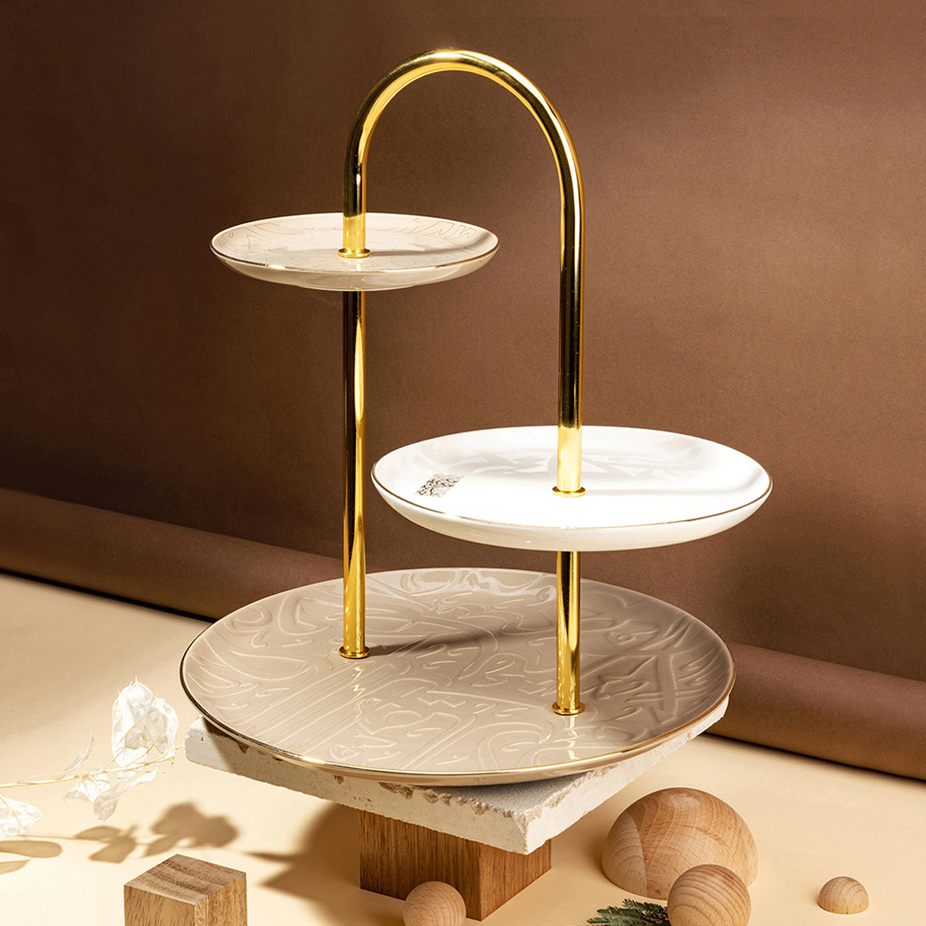 حامل كيك بورسلان 3 طوابق بطبعات من أوتانتيك - 27x27x27 سم-household-dining-serveware-cakestands-image-1