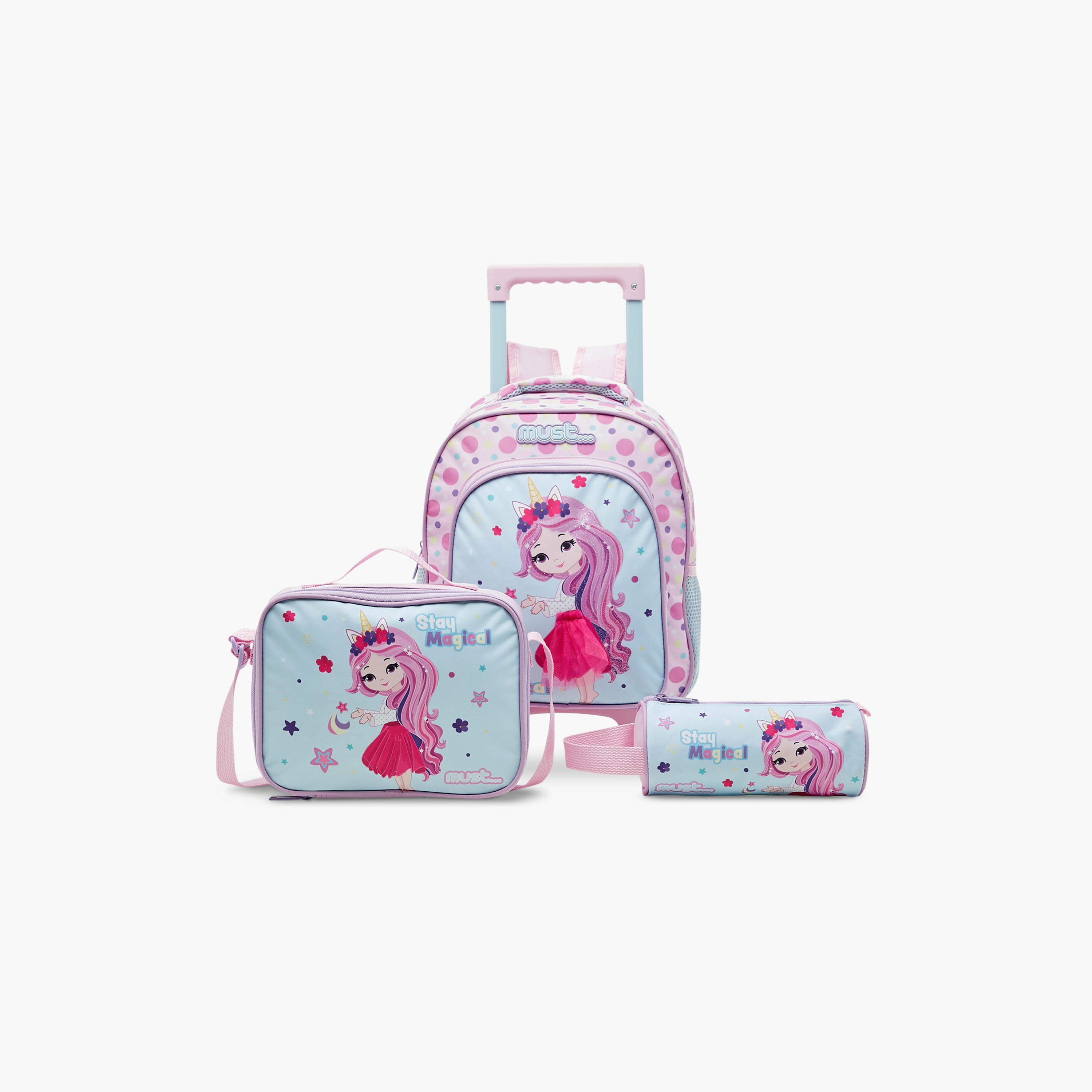 Must Printed Trolley Backpack with Lunch Bag and Pencil Case - 27X10X31 cms-school-bagsandbackpacks-trolleybags-image-1