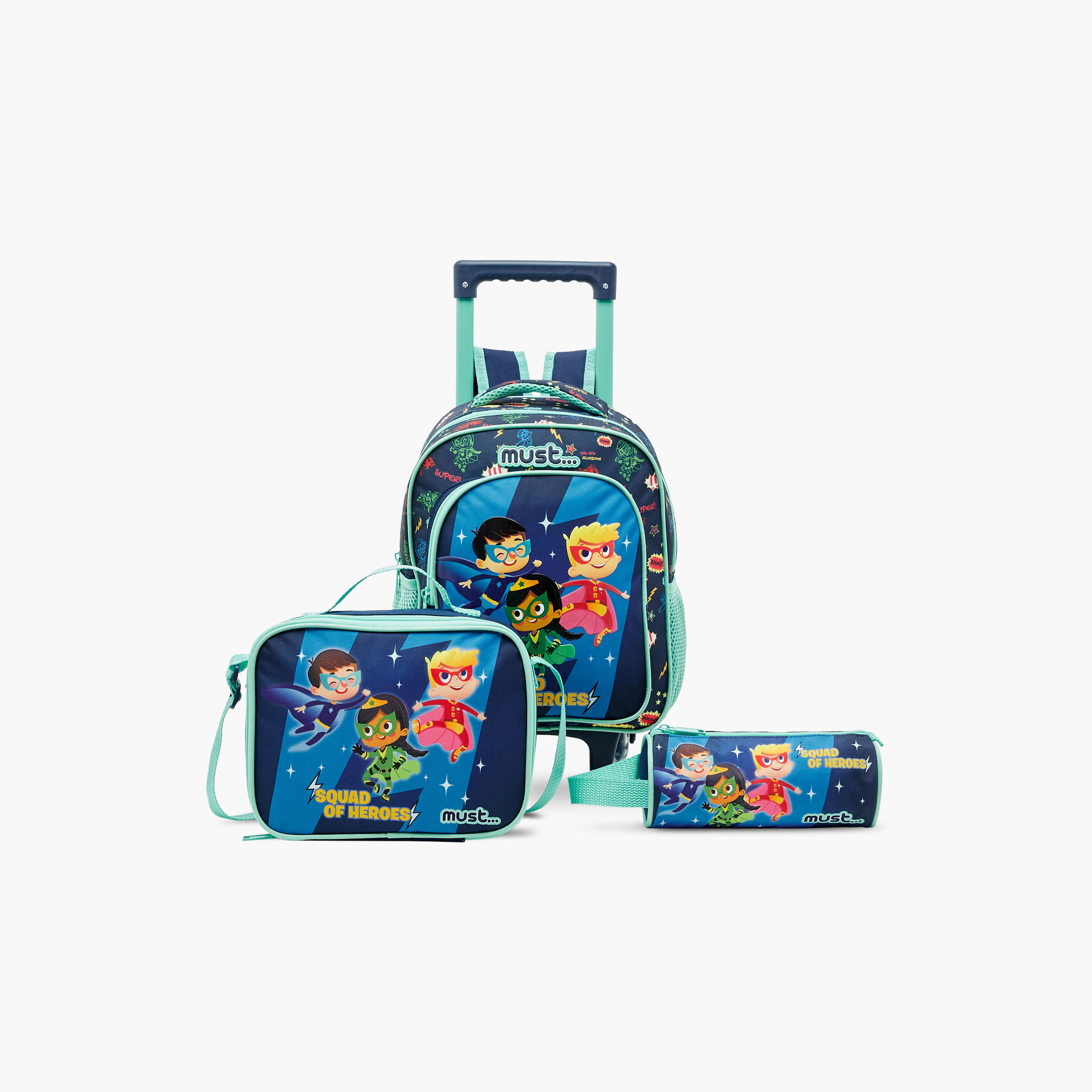 شنطة ظهر ترولي بطبعات جرافيك مع شنطة غداء ومقلمة من ماست- 27X10X31 بوصة-school-bagsandbackpacks-trolleybags-image-1