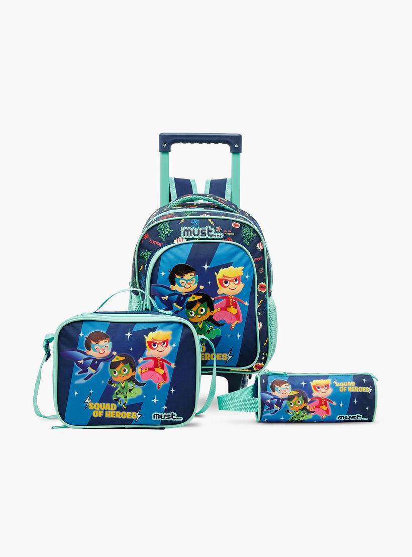 شنطة ظهر ترولي بطبعات جرافيك مع شنطة غداء ومقلمة من ماست- 27X10X31 بوصة-school-bagsandbackpacks-trolleybags-image-1