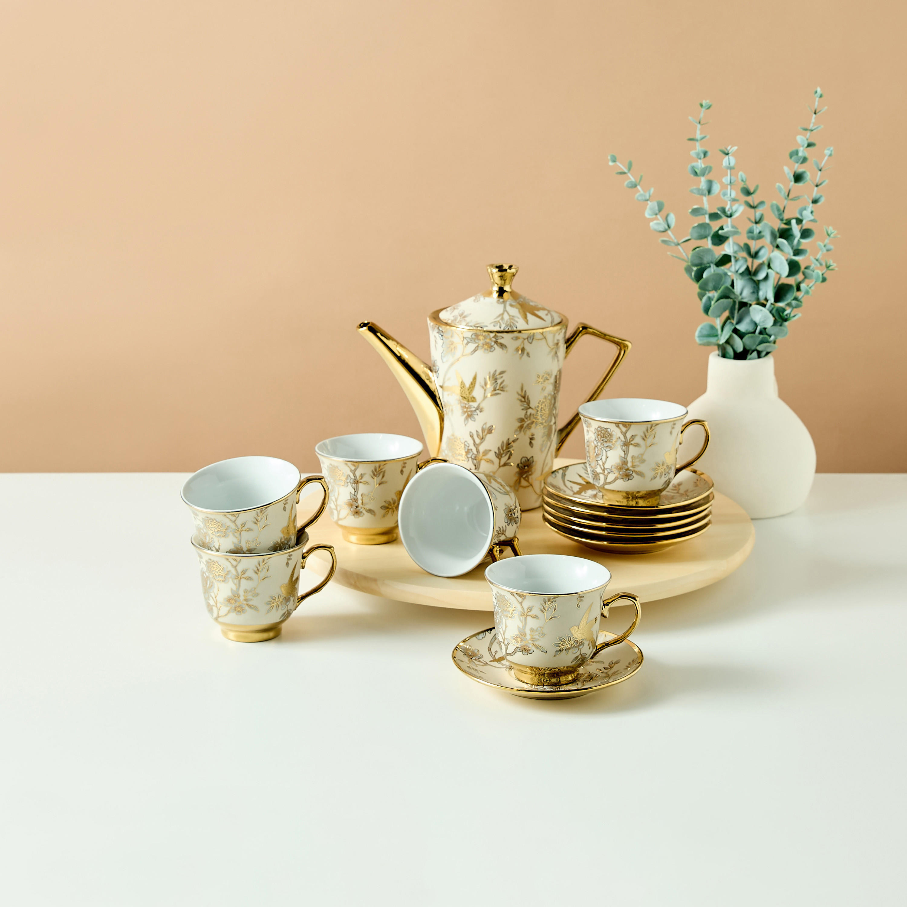 Floral Print 13-Piece Cup and Saucer Set with Teapot - 220 ml-household-dining-teaandcoffee-teaandcoffeesets-image-1