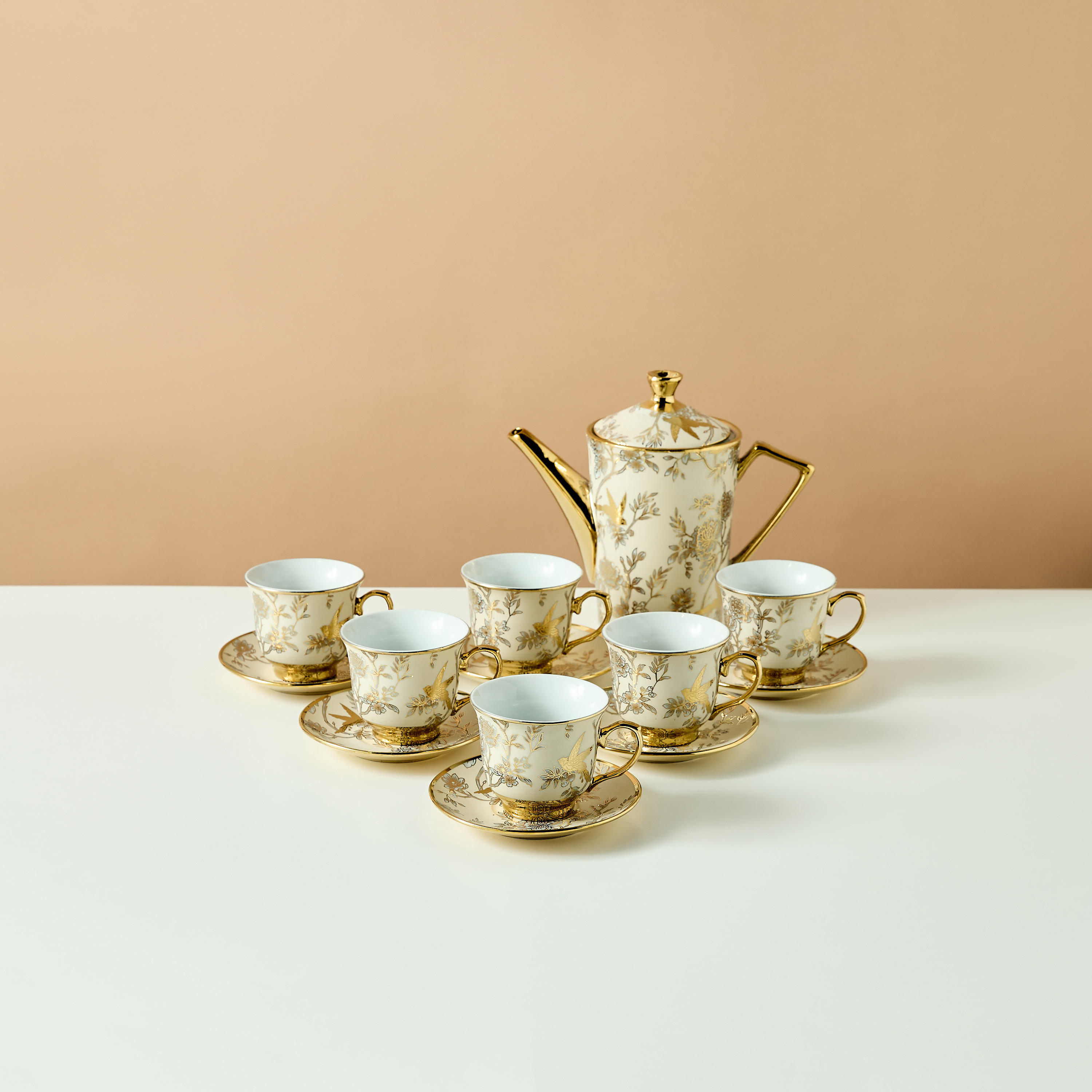 Floral Print 13-Piece Cup and Saucer Set with Teapot - 220 ml-household-dining-teaandcoffee-teaandcoffeesets-image-3