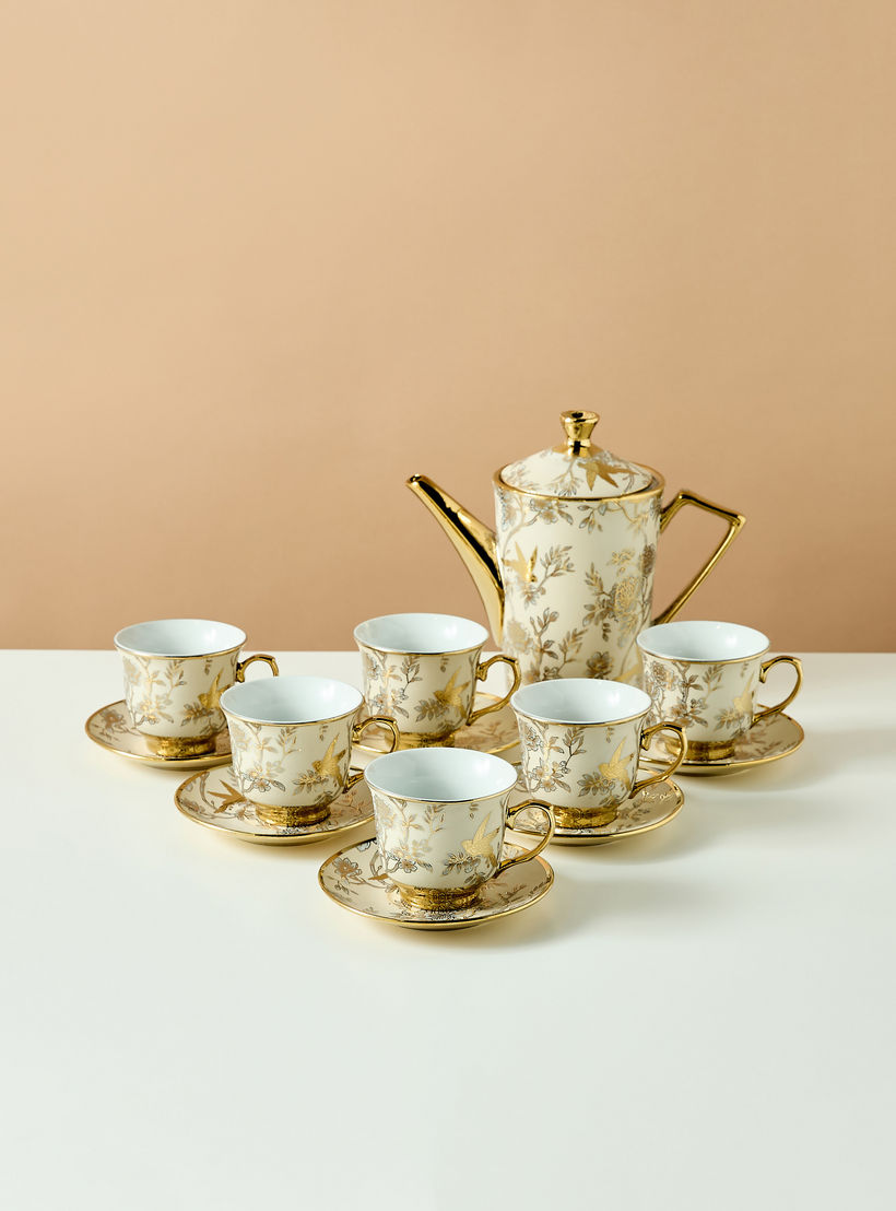 Floral Print 13-Piece Cup and Saucer Set with Teapot - 220 ml-household-dining-teaandcoffee-teaandcoffeesets-image-3