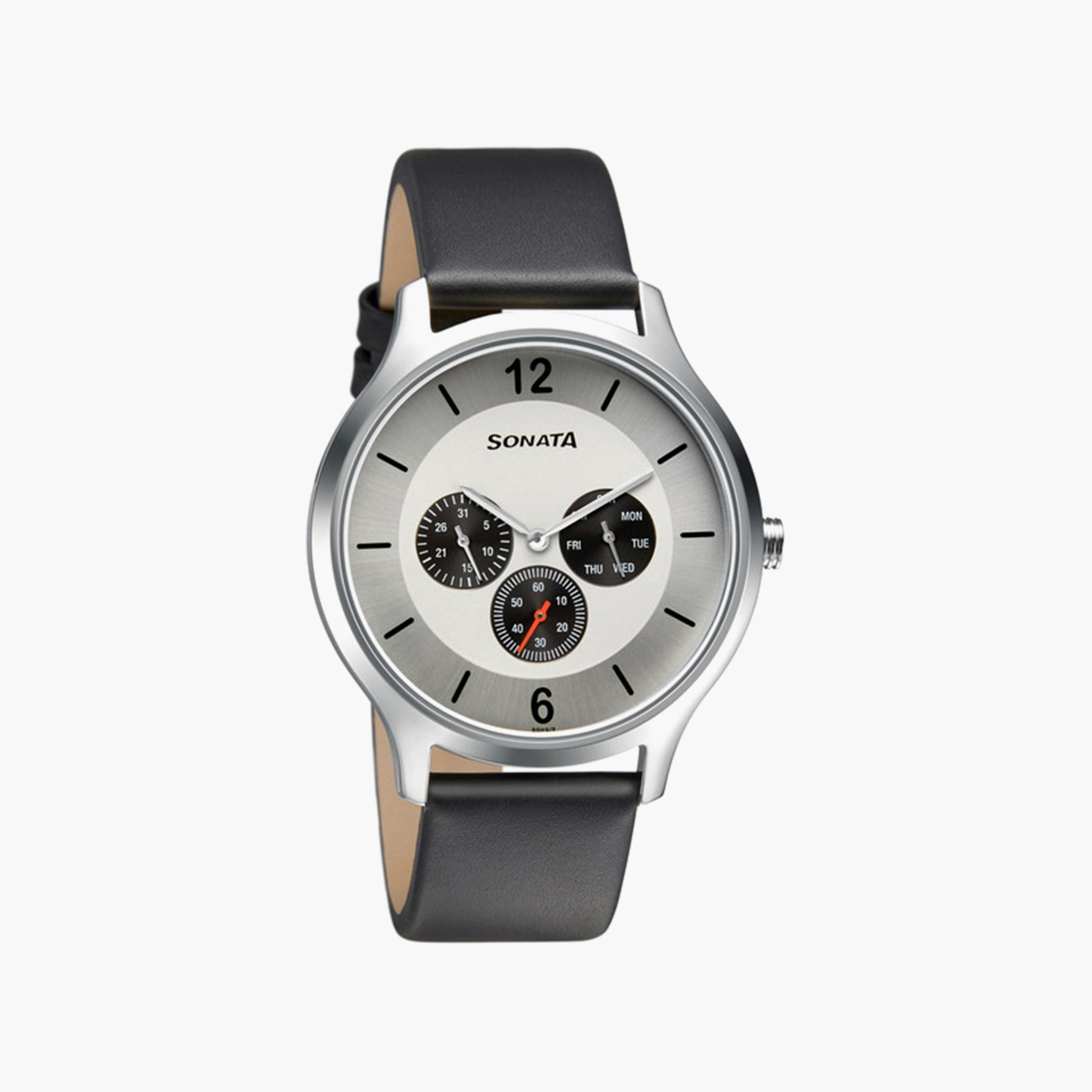 Sonata Men's Black Analog Leather Strap Watch | 7140SL01-men-watchesandjewellery-watches-image-1