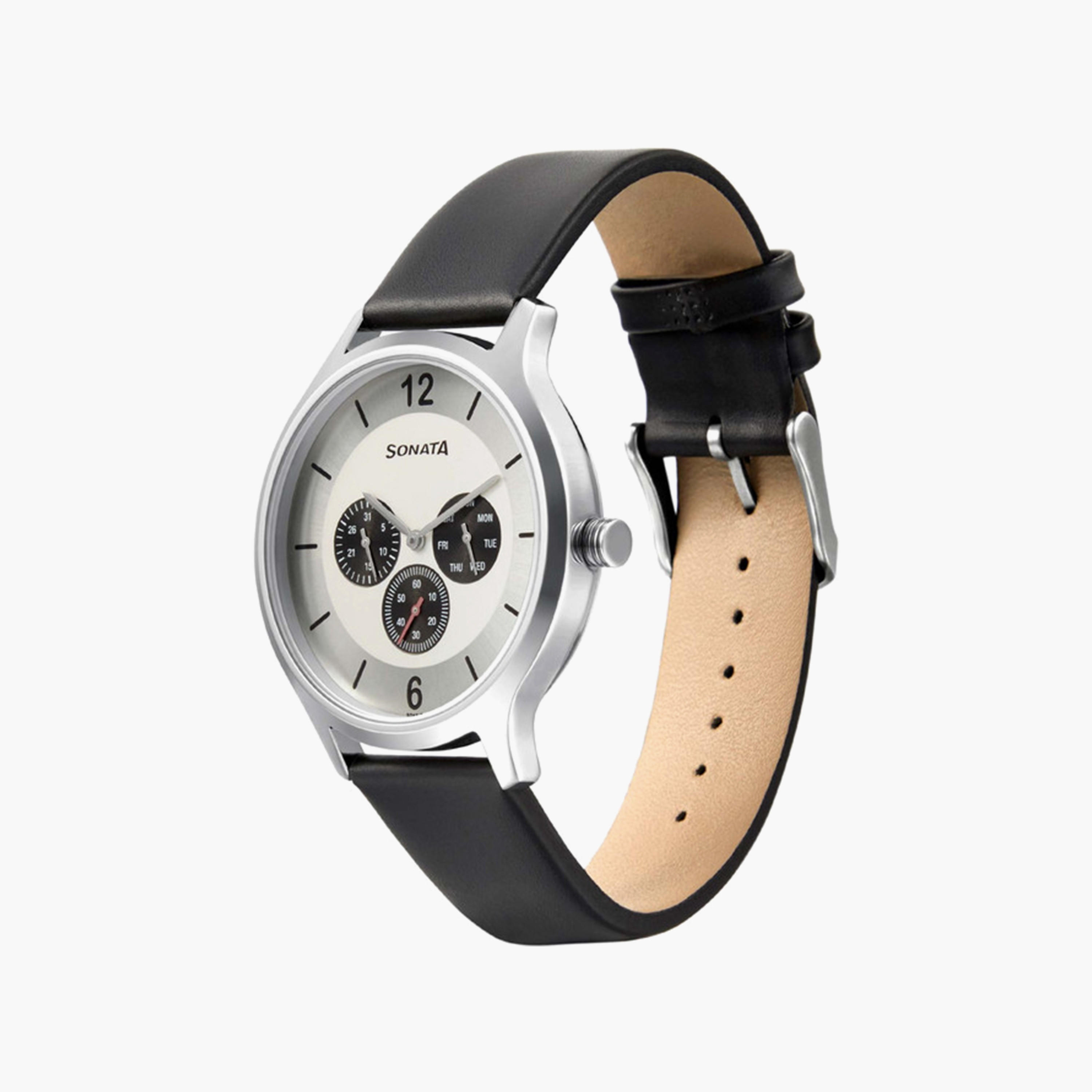 Sonata Men's Black Analog Leather Strap Watch | 7140SL01-men-watchesandjewellery-watches-image-2