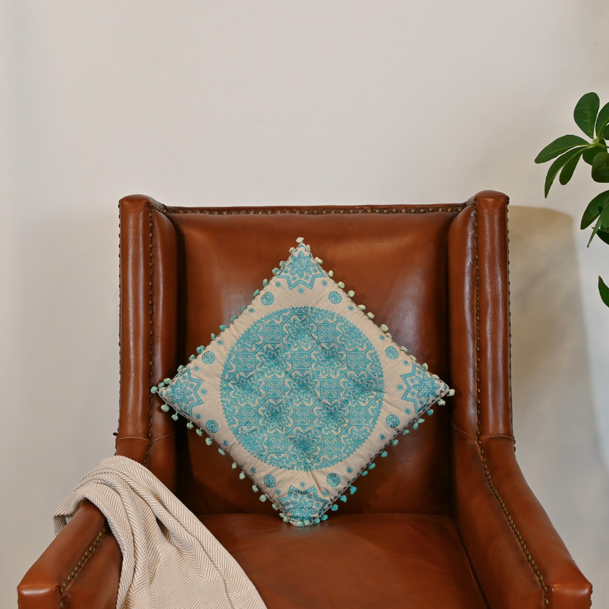 Home Carving Embroidered Cushion with Pom Poms - 40x40 cms-household-cushionsandthrows-filledcushions-decorativecushions-image-1