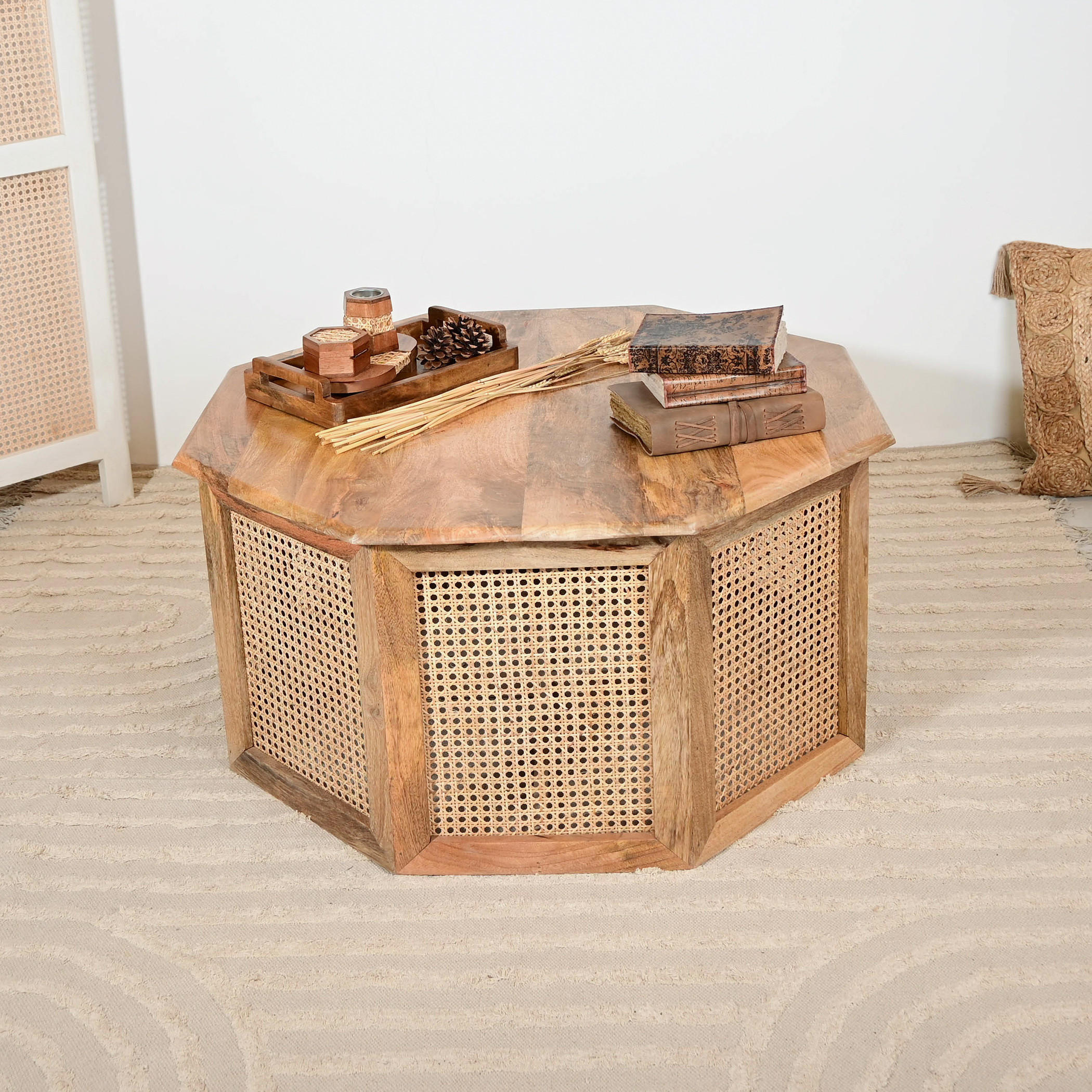 طاولة قهوة خشبية بتفاصيل روطان من هوم كارفينج - 90x46 سم-furniture-livingroom-coffeetables-image-1