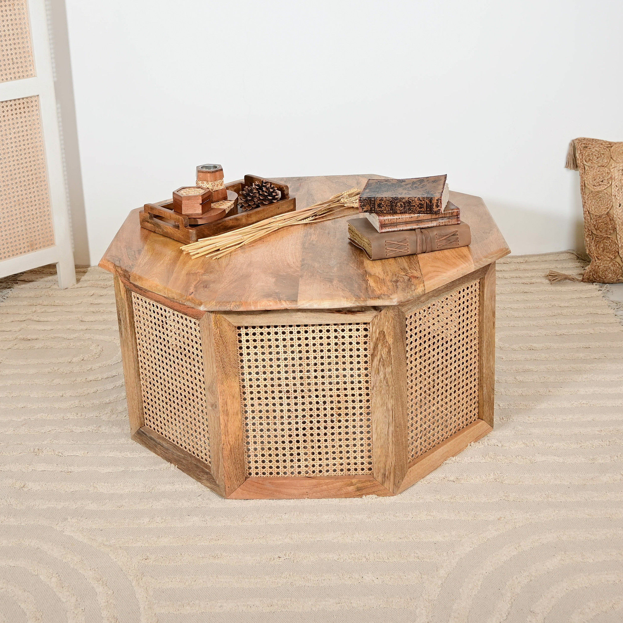 Home Carving Wooden Coffee Table with Rattan Detailing - 90x46 cm-furniture-livingroom-coffeetables-image-1