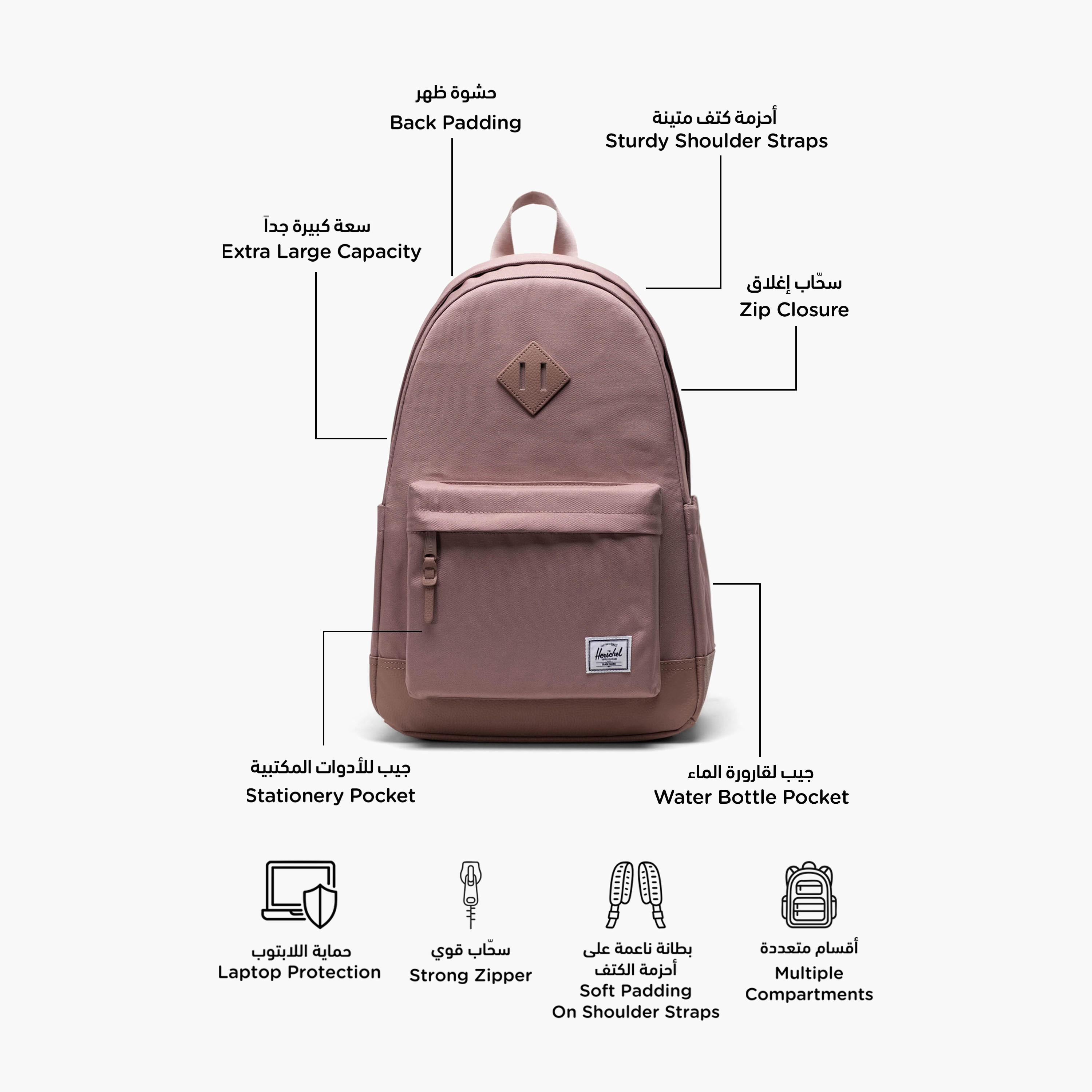 شنطة ظهر سادة بحمالات قابلة للتعديل وسحاب إغلاق من هيرشيل سبلاي كو - 15x32x45 سم-school-bagsandbackpacks-backpacks-image-2
