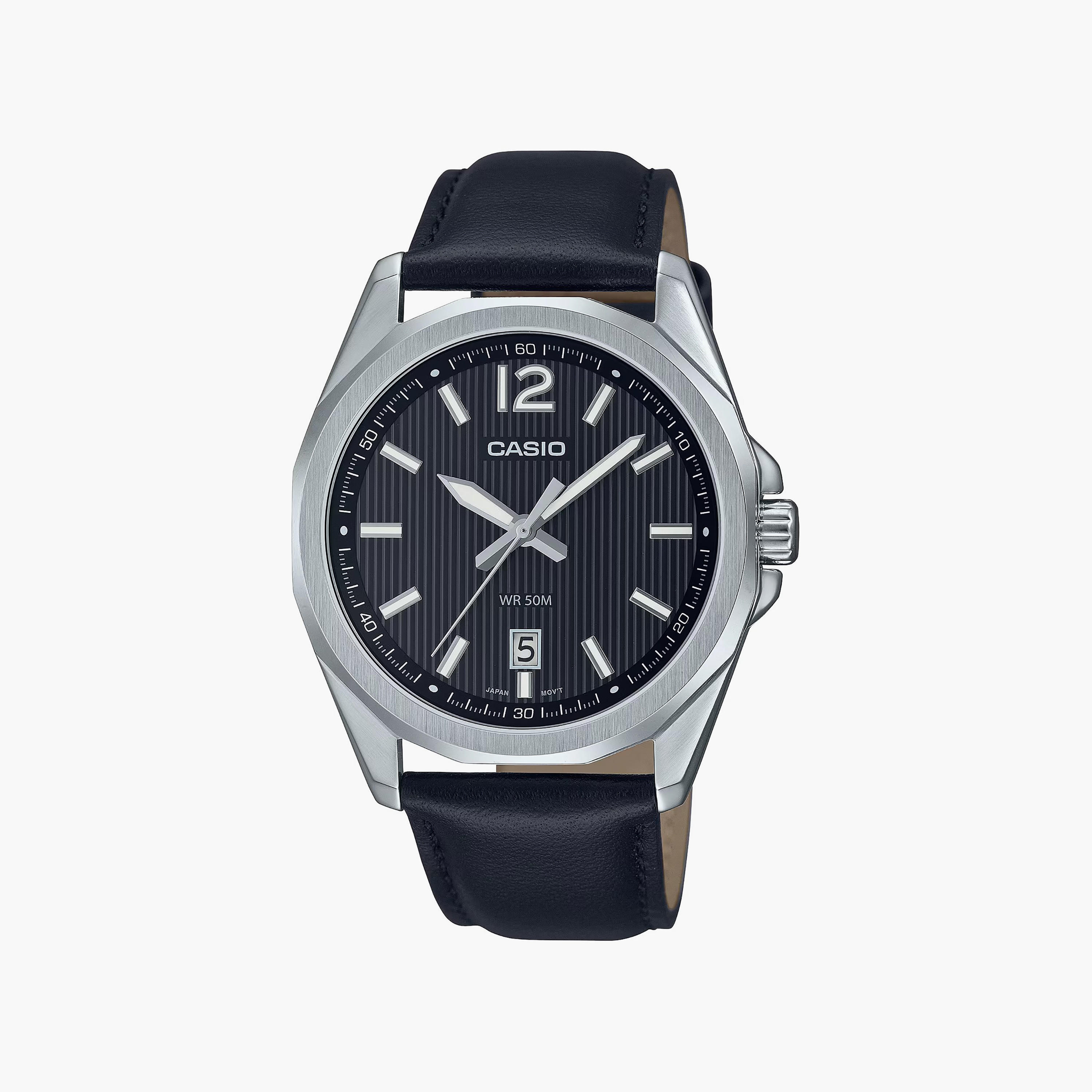 Casio Men's Black Analog Leather Strap Watch | MTP-E725L-1AVDF | 42 MM-men-watchesandjewellery-watches-image-1