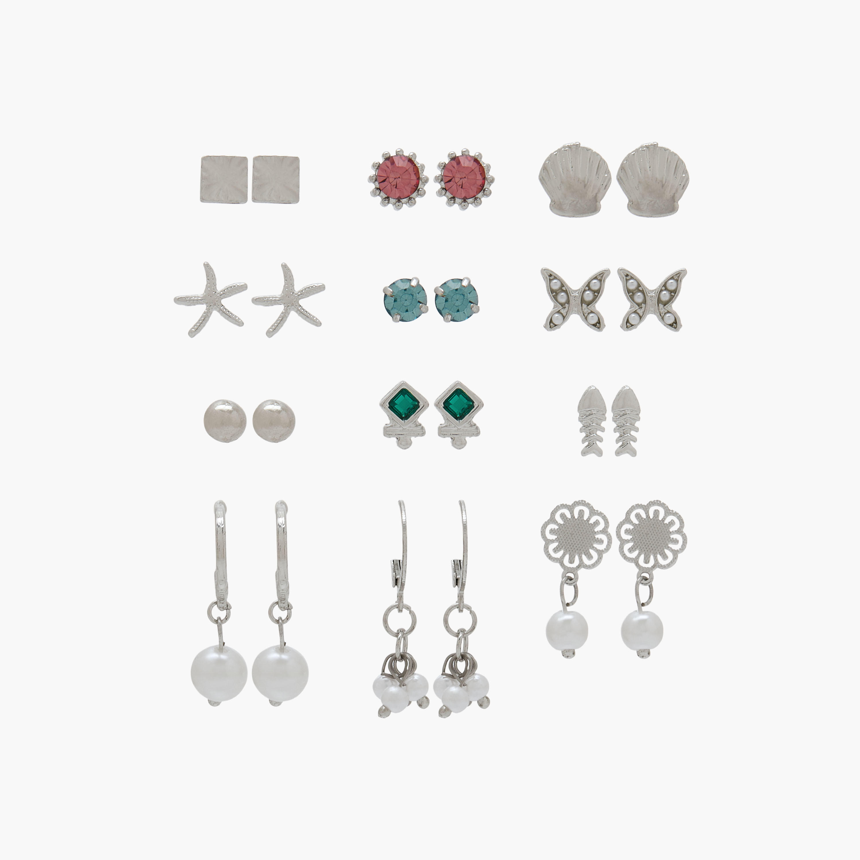 طقم حلقان بلون فضي متنوع 12 قطعة-women-watchesandjewellery-jewellery-earrings-image-1