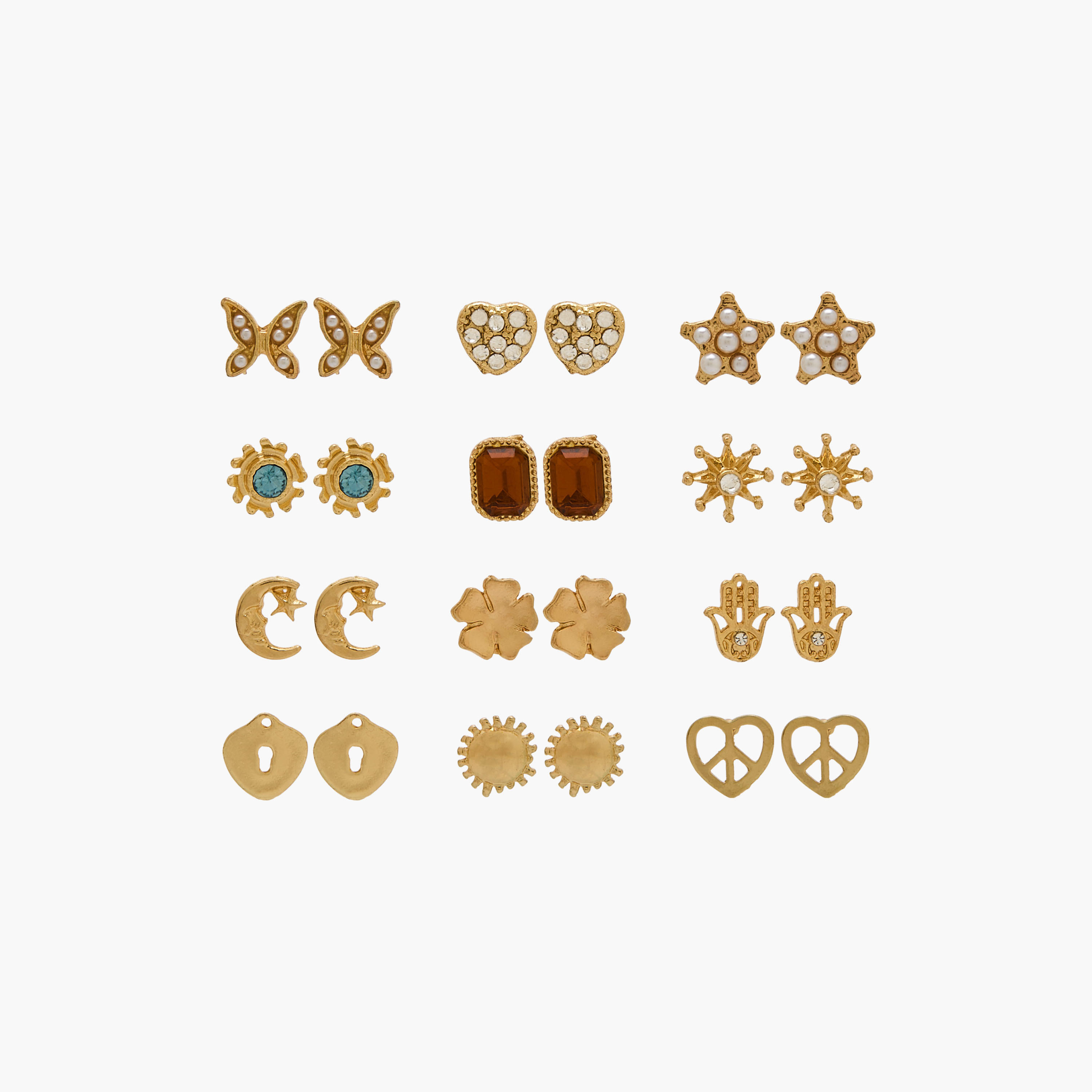 Pack of 12 Gold Tone Stud Earrings with Pushback Closure-women-watchesandjewellery-jewellery-earrings-image-1