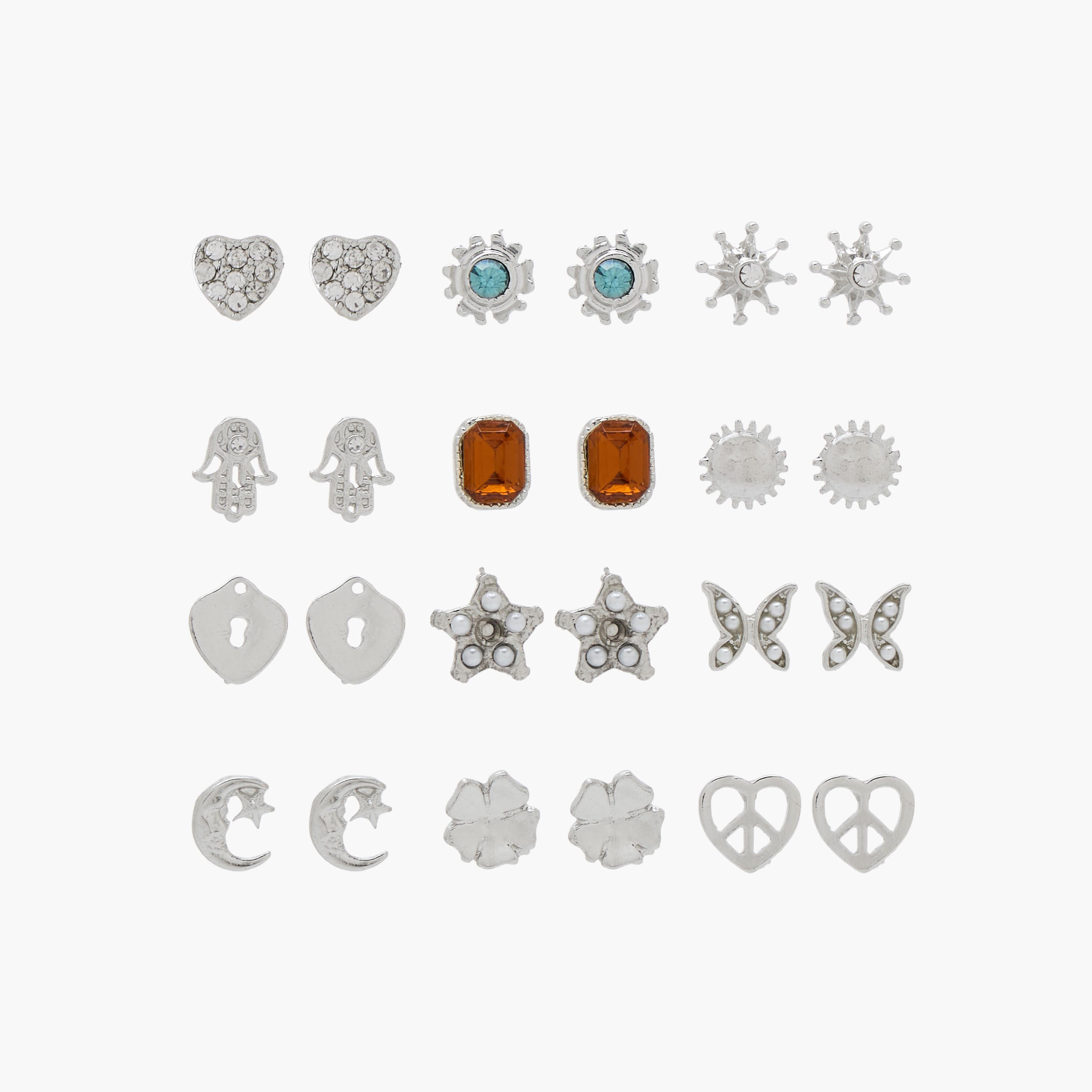 حلقان دبوس بلون فضي ومكبس إغلاق - عبوة 12 زوج-women-watchesandjewellery-jewellery-earrings-image-1