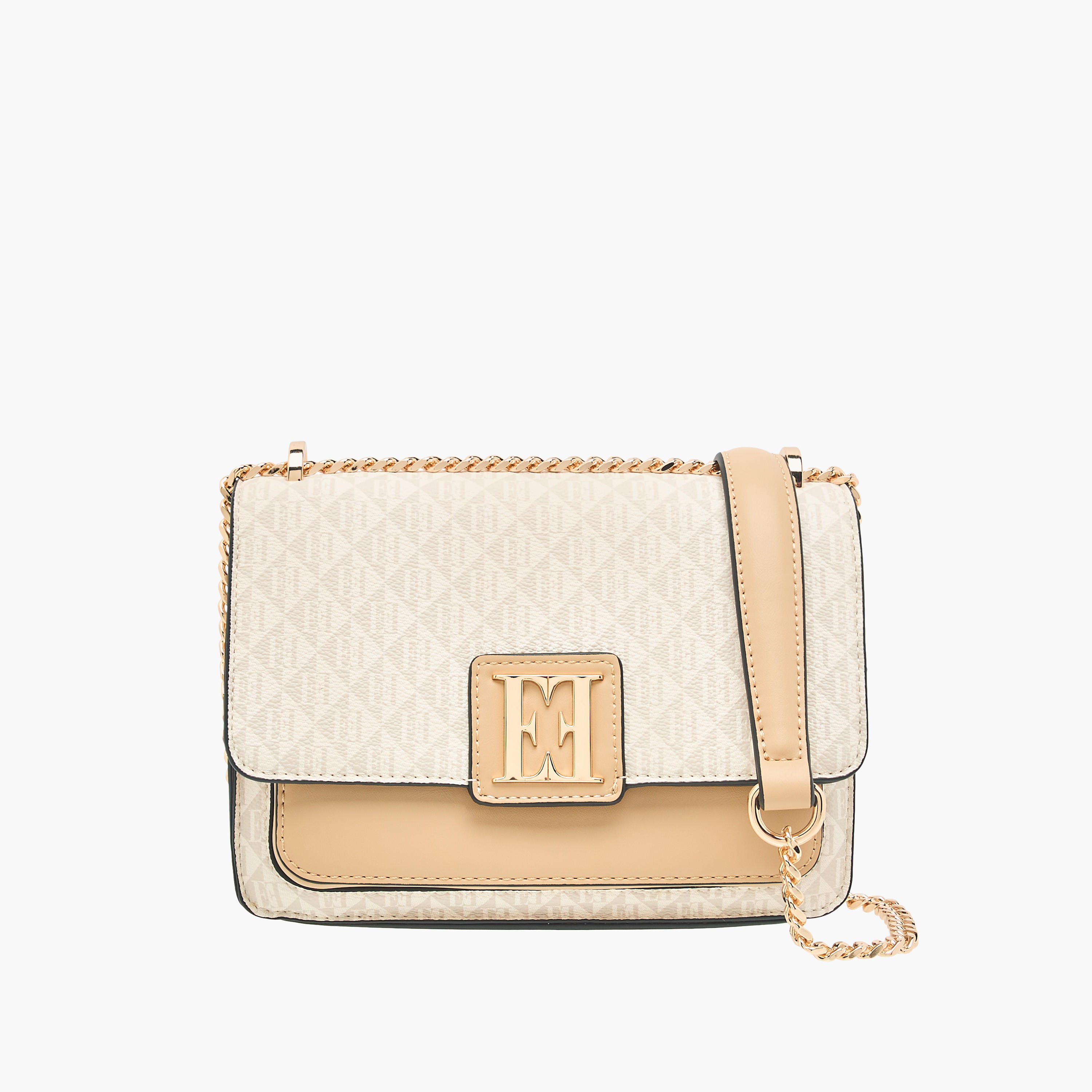 Elle Monogram Print Crossbody Bag with Adjustable Strap and Flap Closure-women-bagsandwallets-handbags-image-1