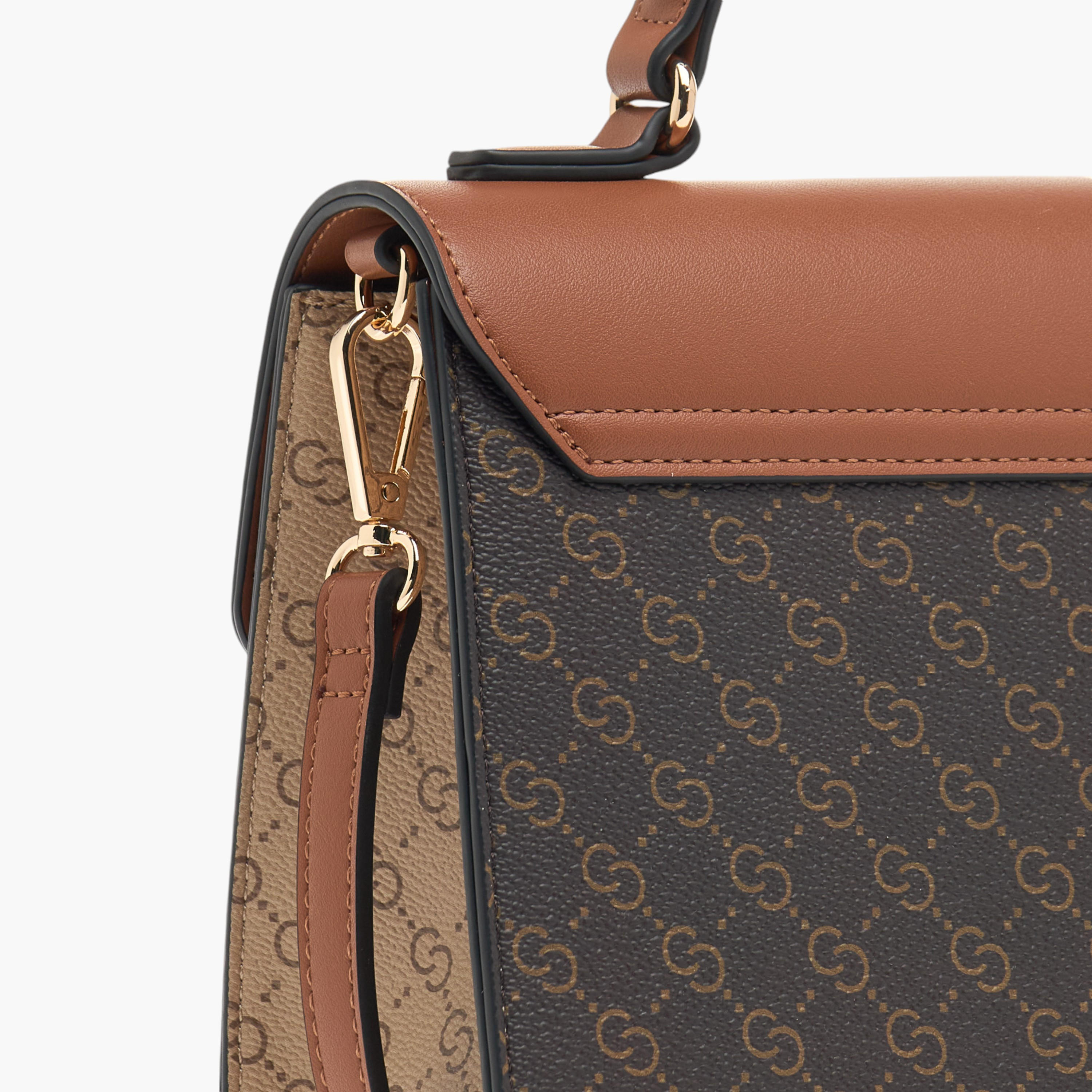 Celeste Monogram Print Satchel Bag with Detachable Strap and Flap Closure-women-bagsandwallets-handbags-image-5