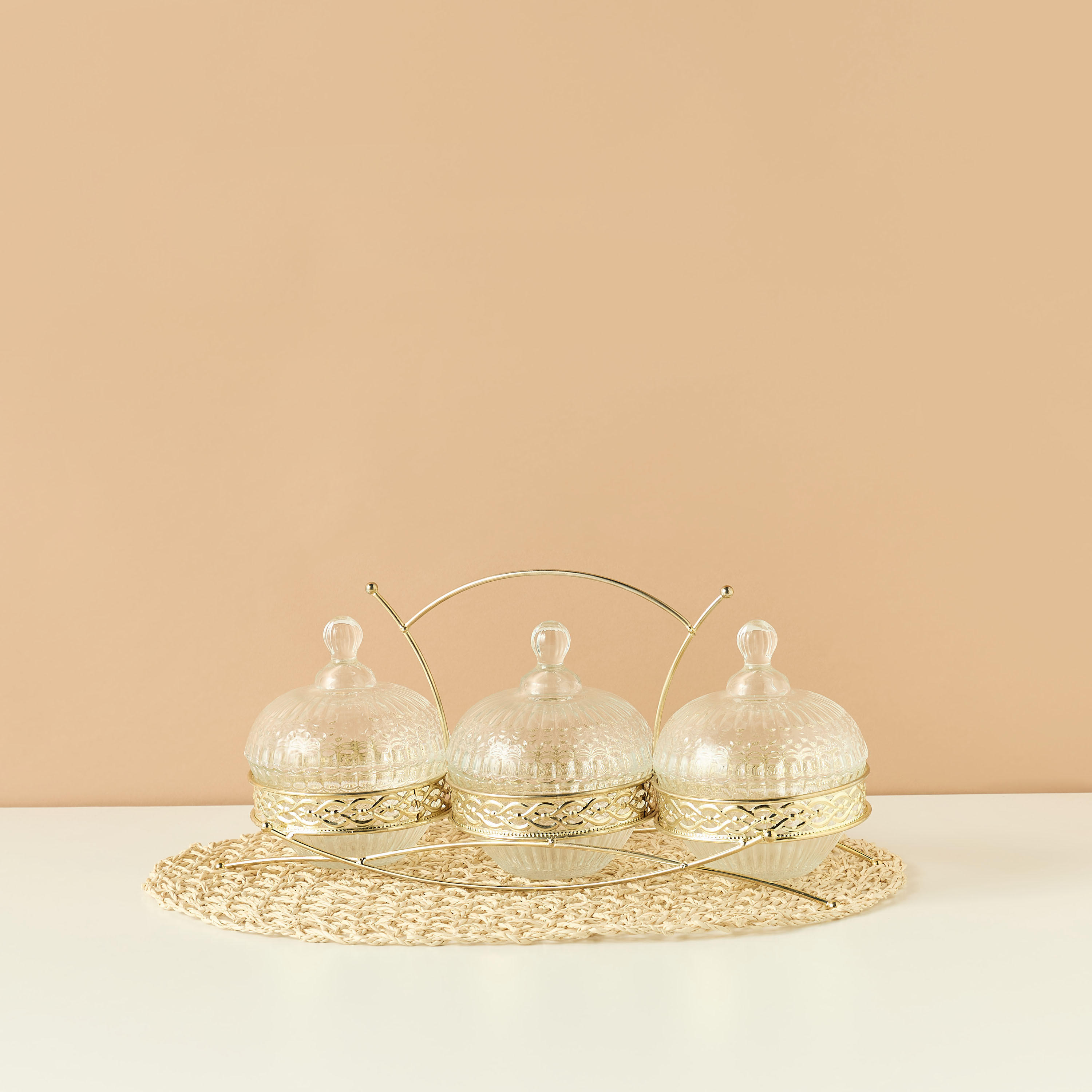 Textured 4-Piece Glass Jar and Stand Set-household-dining-dinnerware-bowls-image-1