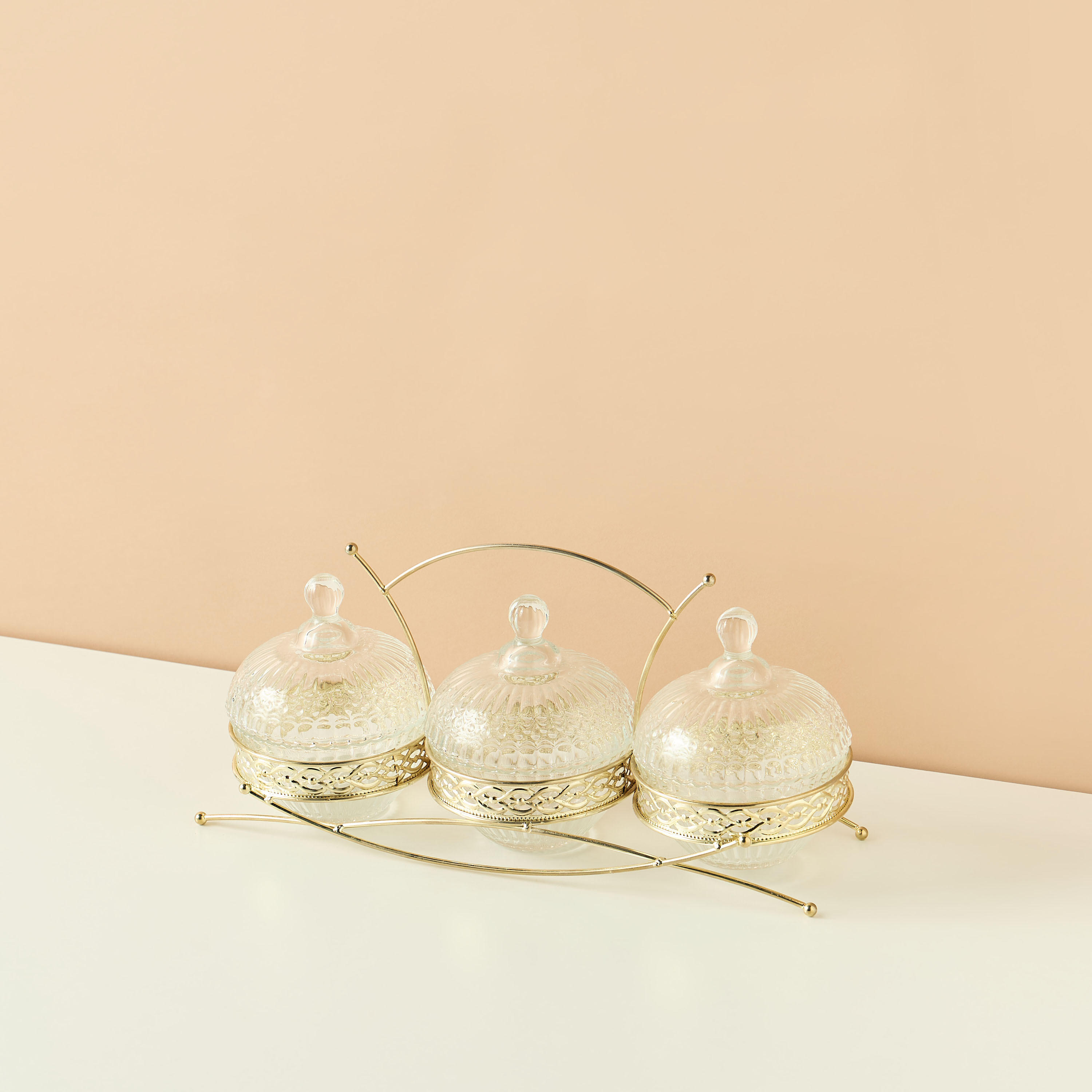 Textured 4-Piece Glass Jar and Stand Set-household-dining-dinnerware-bowls-image-2