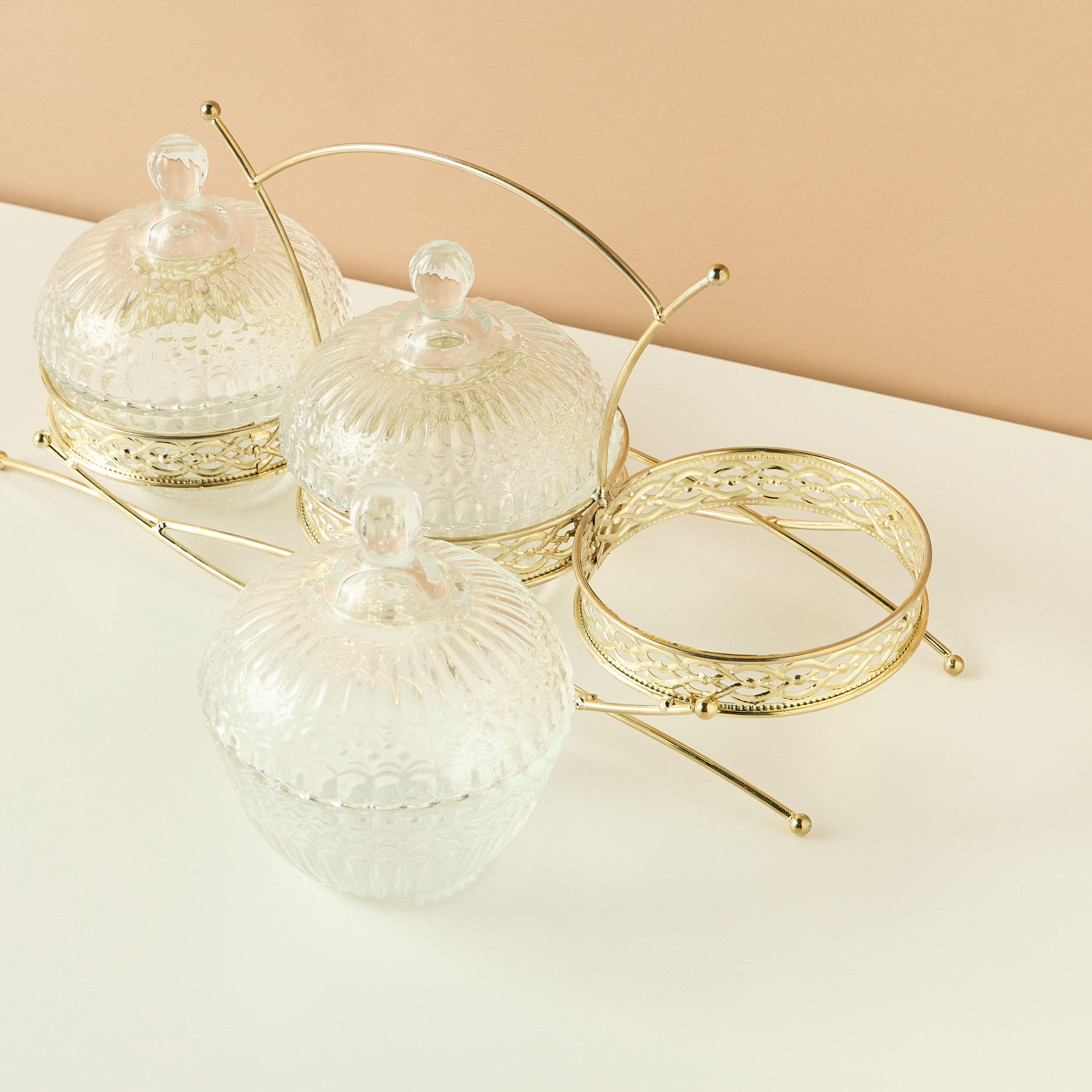 Textured 4-Piece Glass Jar and Stand Set-household-dining-dinnerware-bowls-image-4