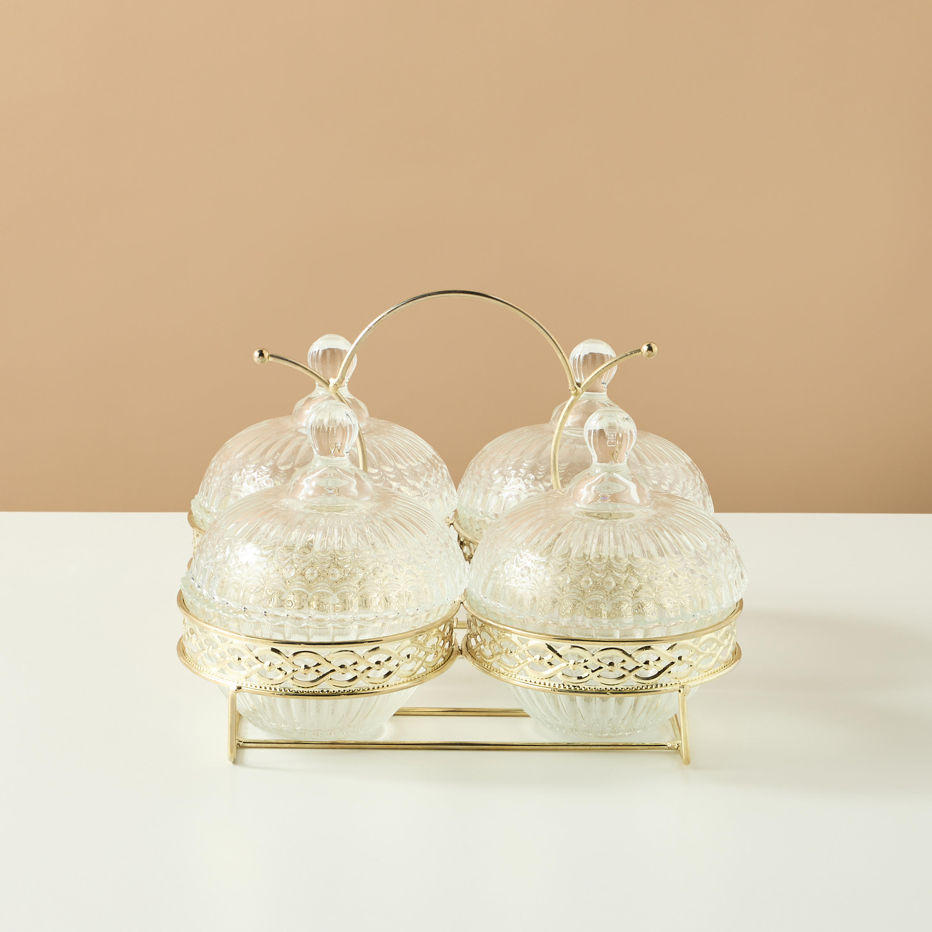 Textured 5-Piece Glass Jar and Stand Set-household-dining-dinnerware-bowls-image-1
