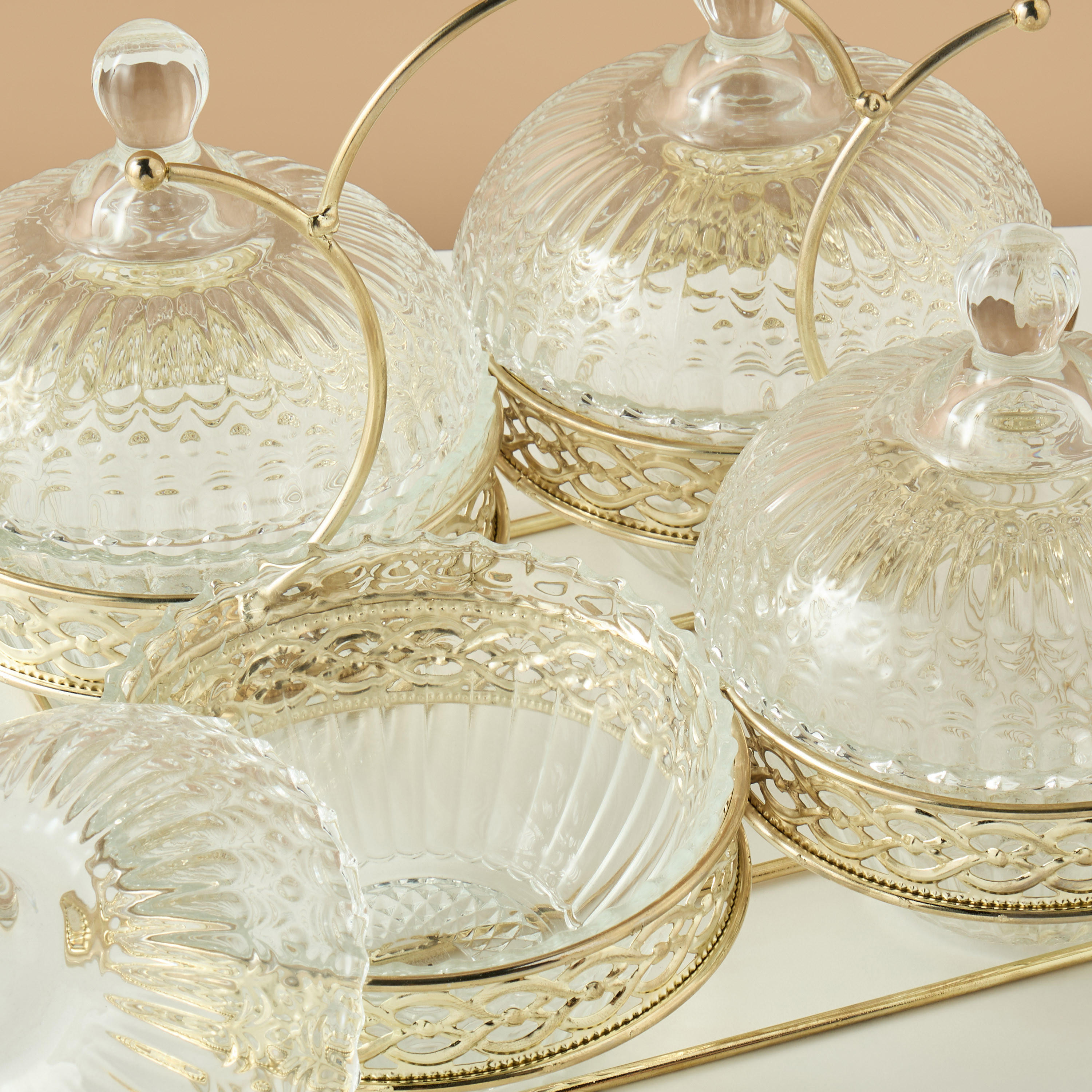 Textured 5-Piece Glass Jar and Stand Set-household-dining-dinnerware-bowls-image-4