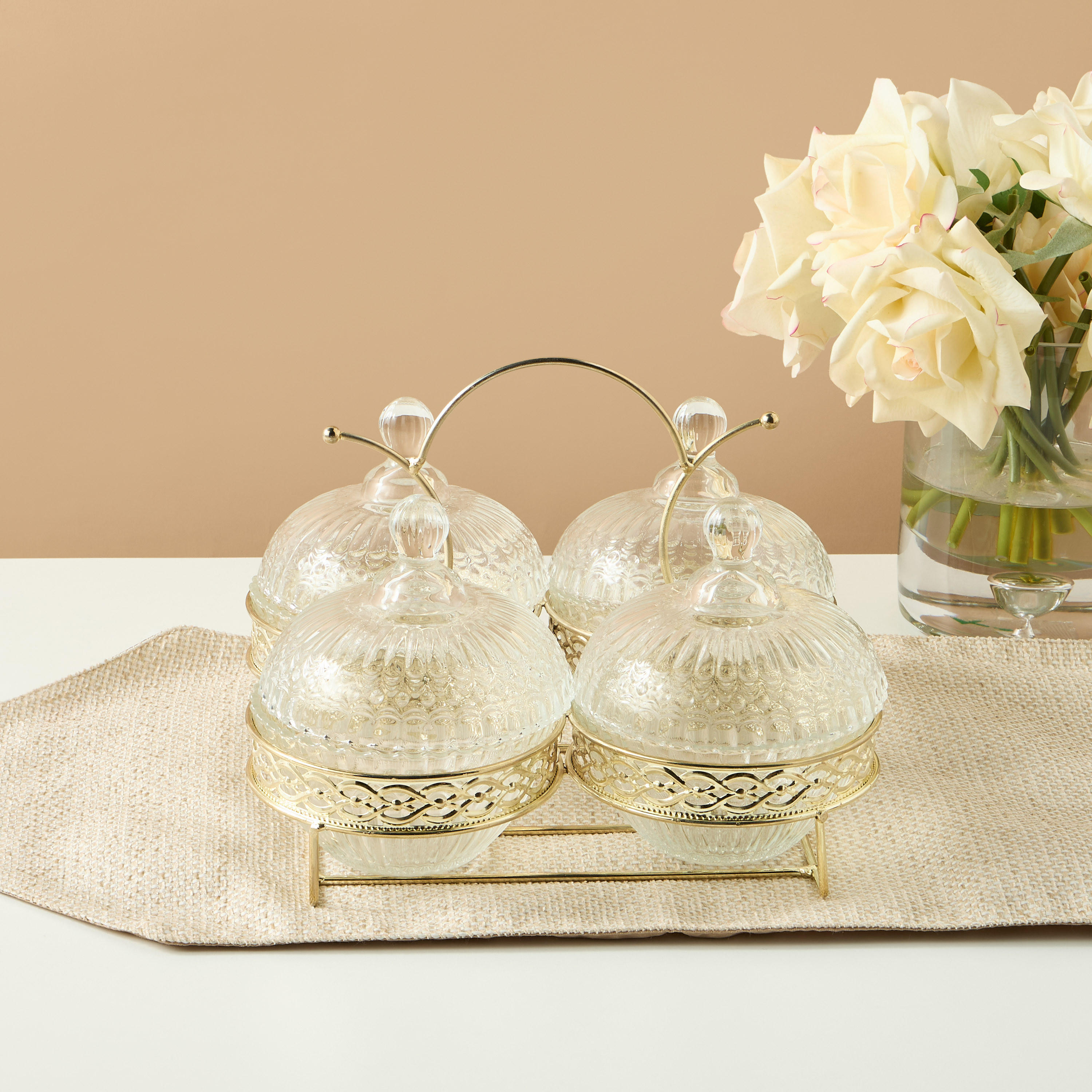 Textured 5-Piece Glass Jar and Stand Set-household-dining-dinnerware-bowls-image-5