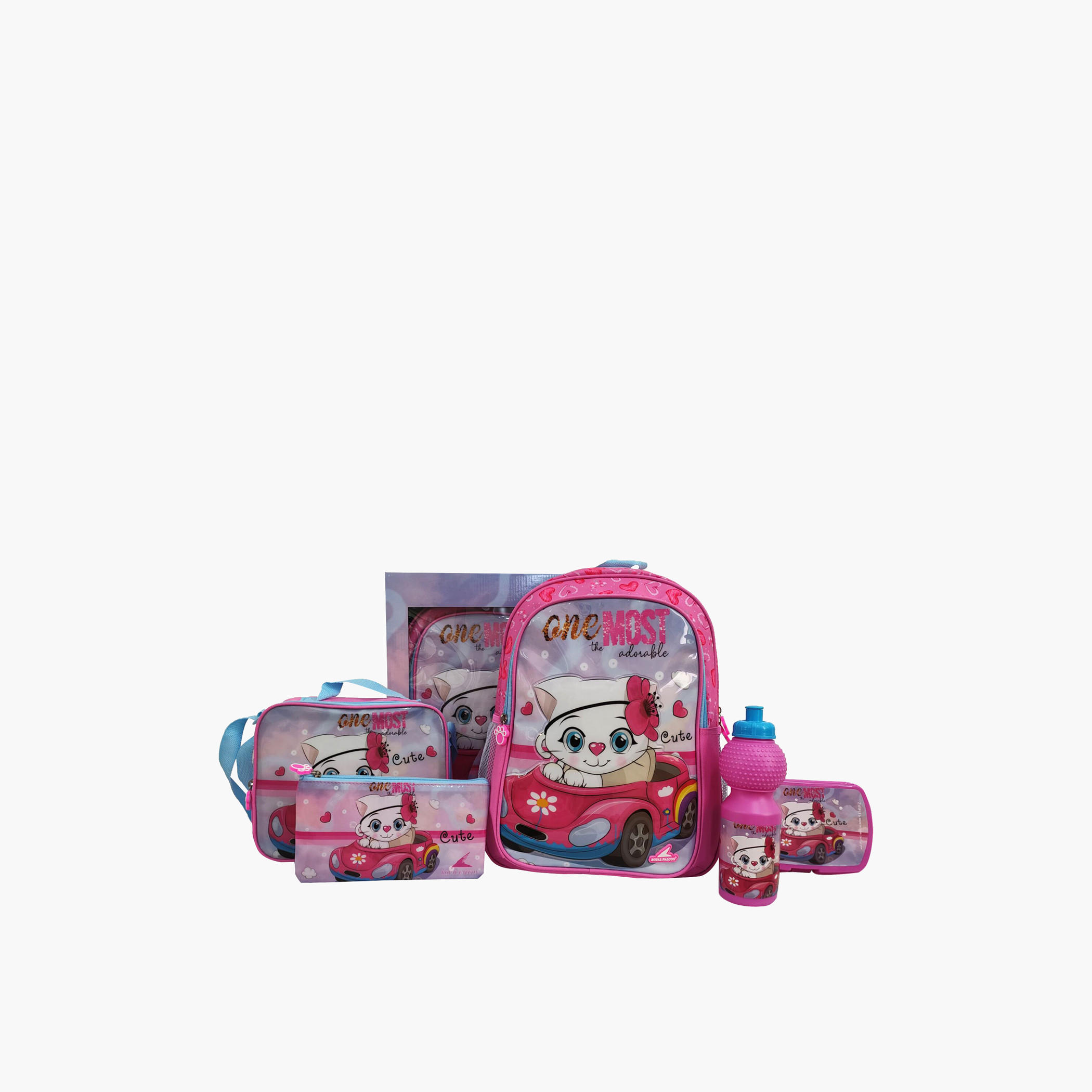 طقم شنطة ظهر 16 بوصة بطبعات قطة 5 قطع من رويال فالكون - 28x10x40 سم-cpkids-backtoschool-schoolbagsandbackpacks-sets-image-1